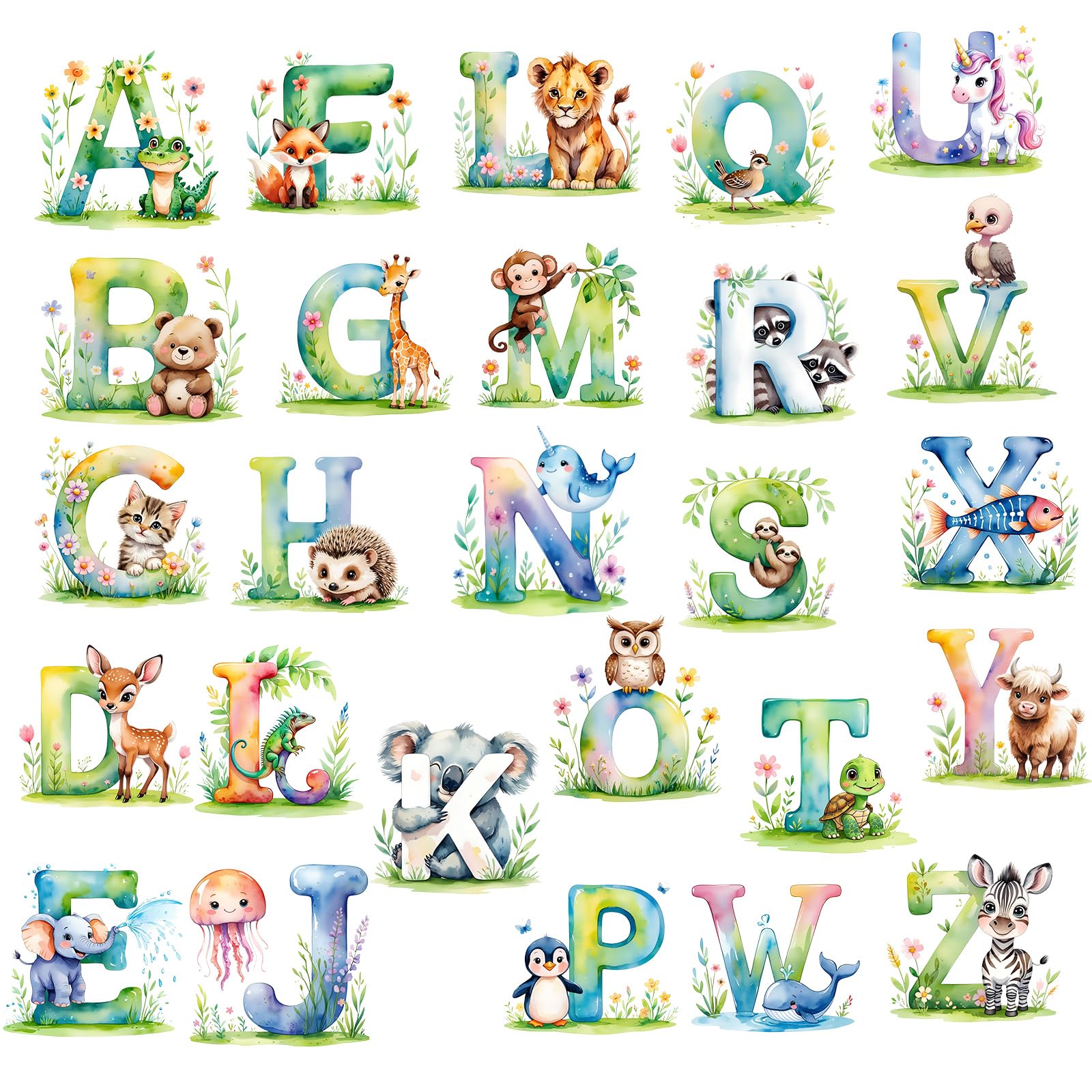 ABC Alphabet Wall Stickers Colourful Animal Letter Learning Wall Decals Peel and Stick Removable Educational Art Work for Kids Baby Nursery Bedroom Living Room Classroom Playroom Home Decor