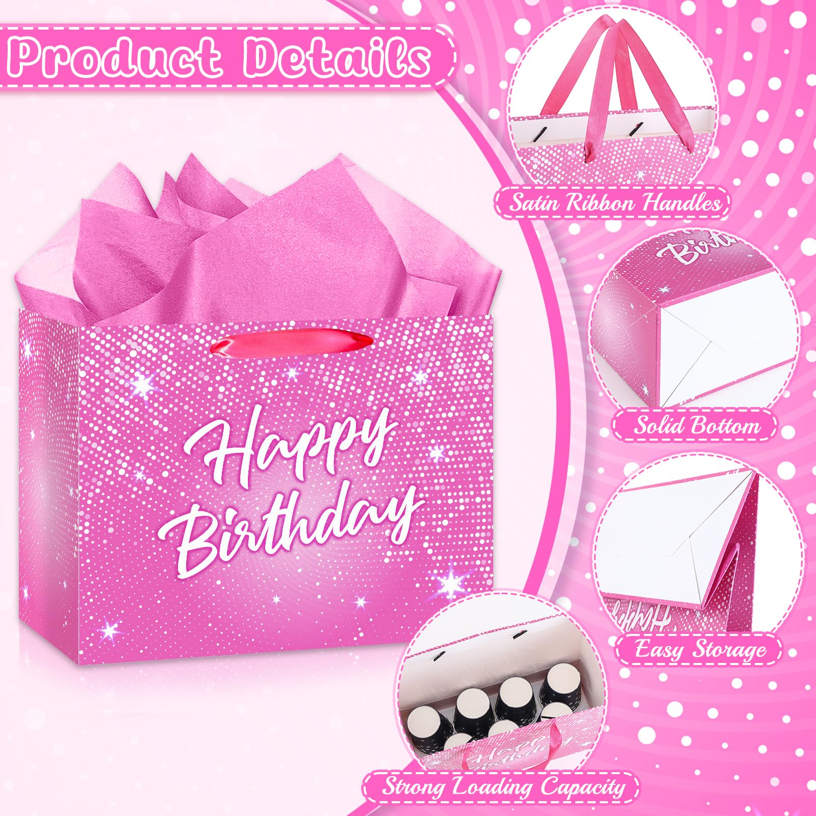 Shiny Pink Birthday Gift Bag for Lady Girls Large Hot Pink Happy Birthday Gift Bag with Tissue Paper and Card Disco Shining Stars Goodie Wrapping Bag for Women Bday Anniversary Party Supplies