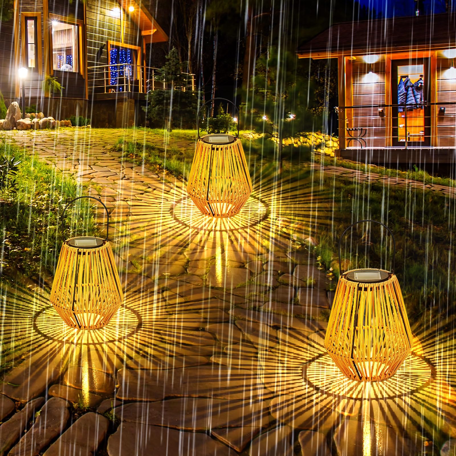 VIHOSE Confezione da 6 lanterne solari in rattan, luci solari da appendere, con manico, impermeabili, per esterni, decorazione per patio, portico, giardino, sentiero, cortile, alberi, prato