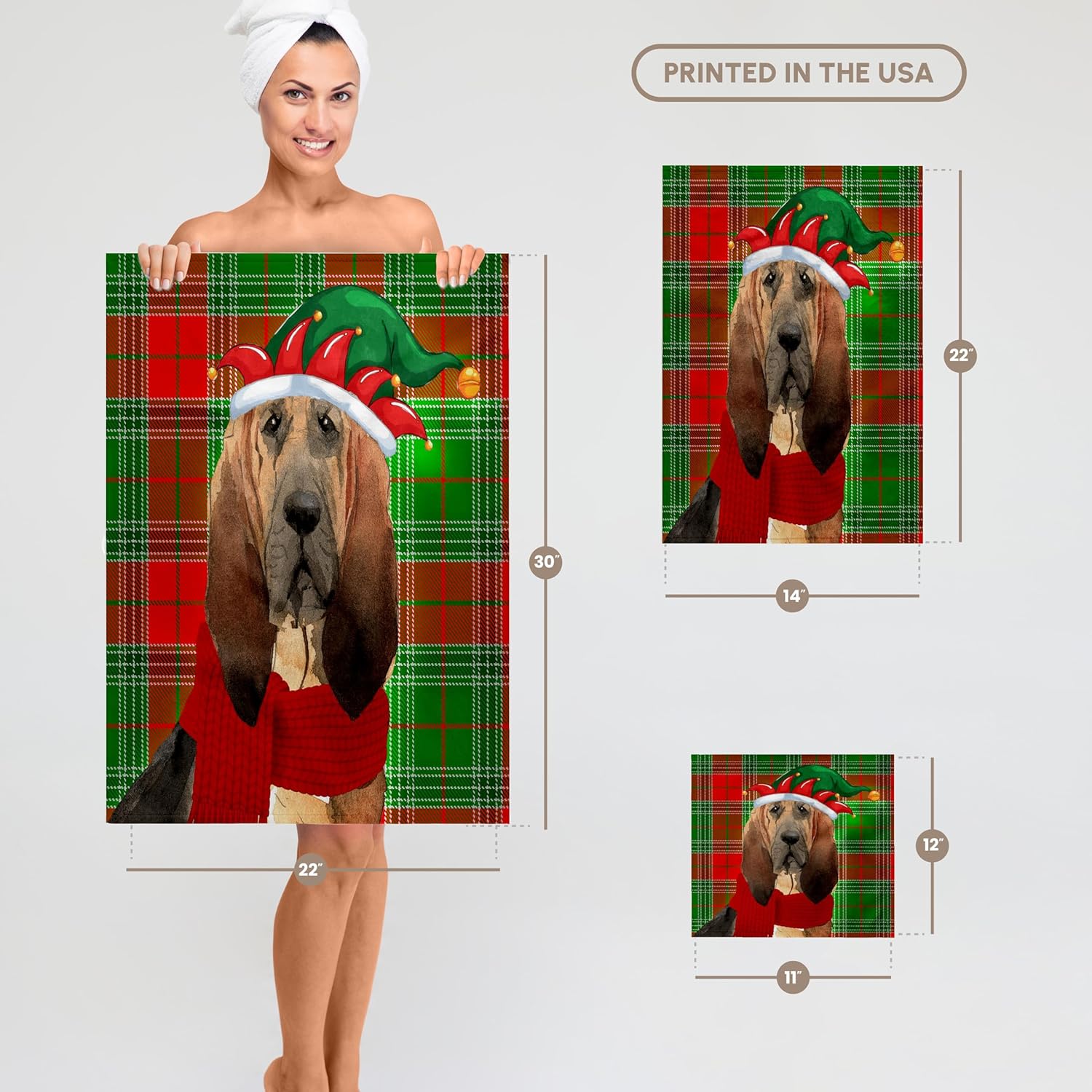 3dRose - Funny Bloodhound Dog in Elf Cap on Red and Green Christmas Plaid - Towel - (twl-351749-2)