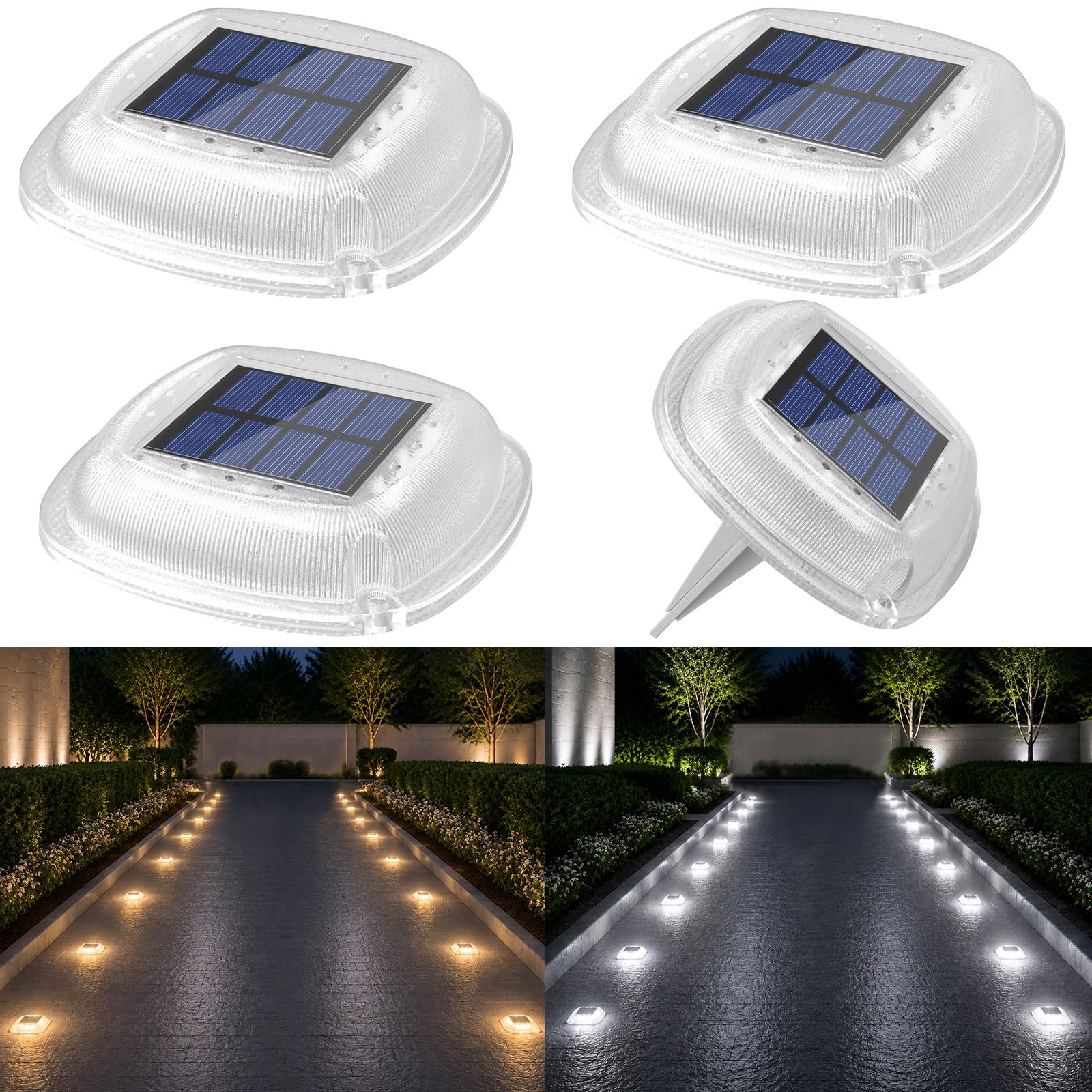 Lacasa Luci Solari da Giardino, 4 Pezzi Luce Solare Esterno Lampade Solari | 2 Colori Bianco/Bianco Caldo, IP66 Impermeabile, Auto On/Off, 50LM LED Luci per per Sentieri Passo Vialetto Scale Terra Prato