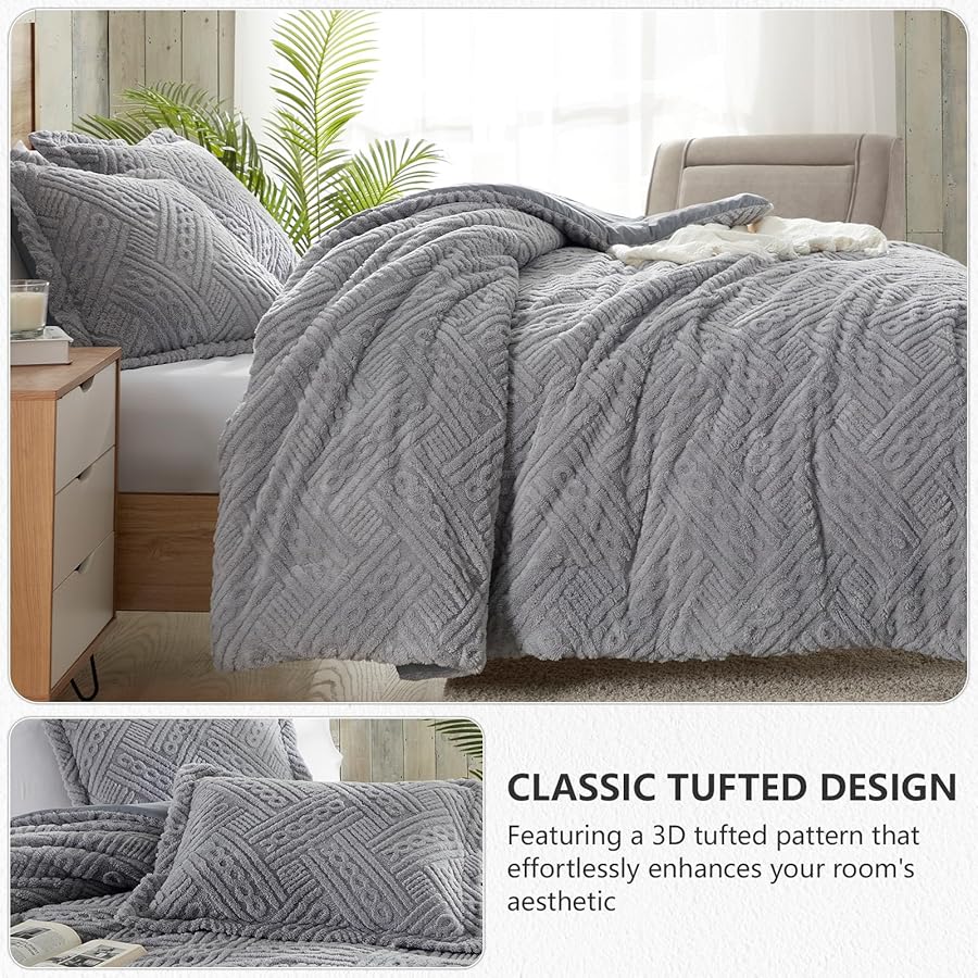 Homelike Moment Fluffy Twin Size Comforter Set - Grey Fleece Warm Marshmallow Comforter for Winter, Luxury Fuzzy Sherpa Twin Bed Set - image 3