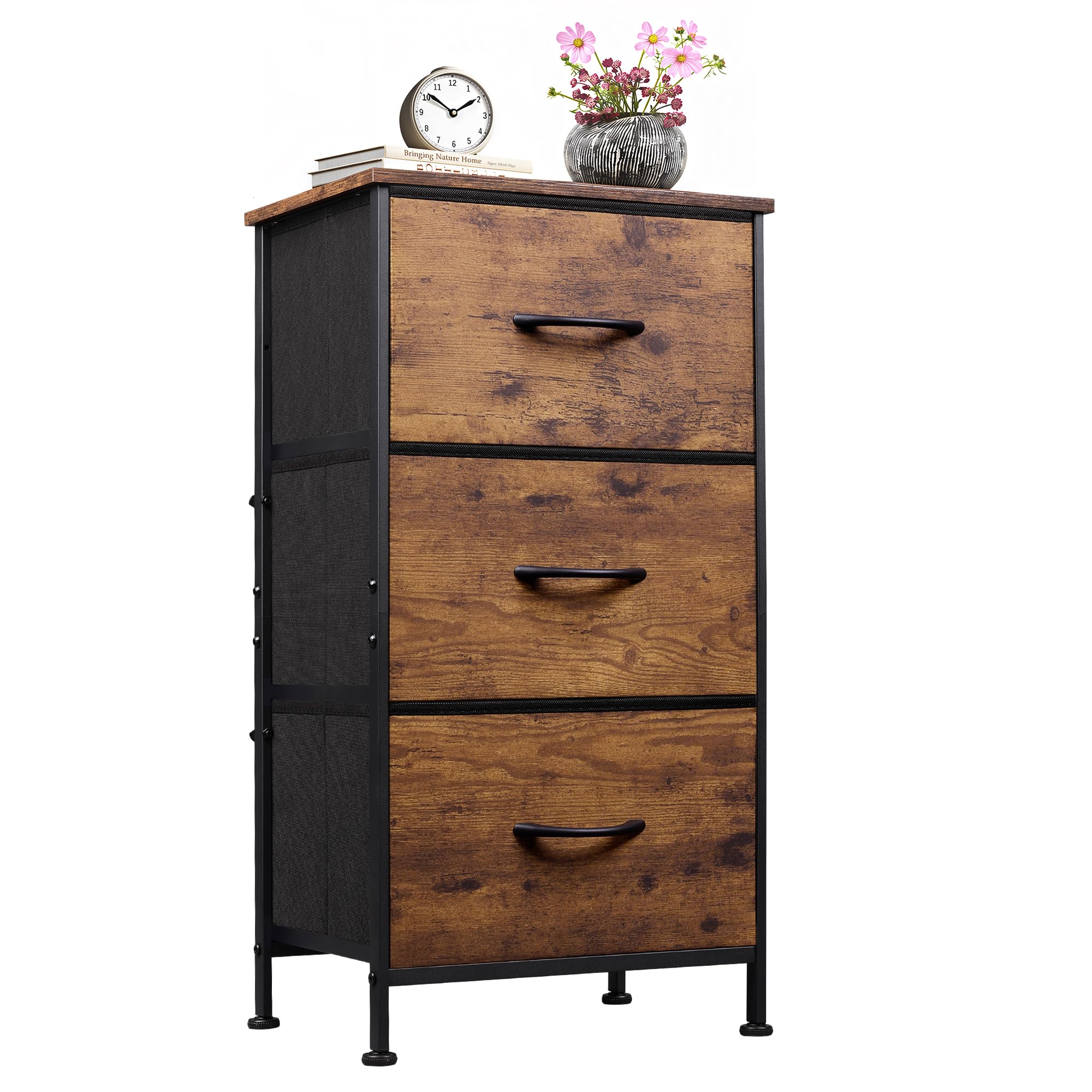 WLIVE Dresser with 3 Drawers, Fabric Nightstand, Organizer Storage Dresser for Bedroom, Hallway, Entryway, Closets, Sturdy Steel Frame, Wood Top, Easy Pull Handle, Rustic Brown Wood Grain Print-image-1