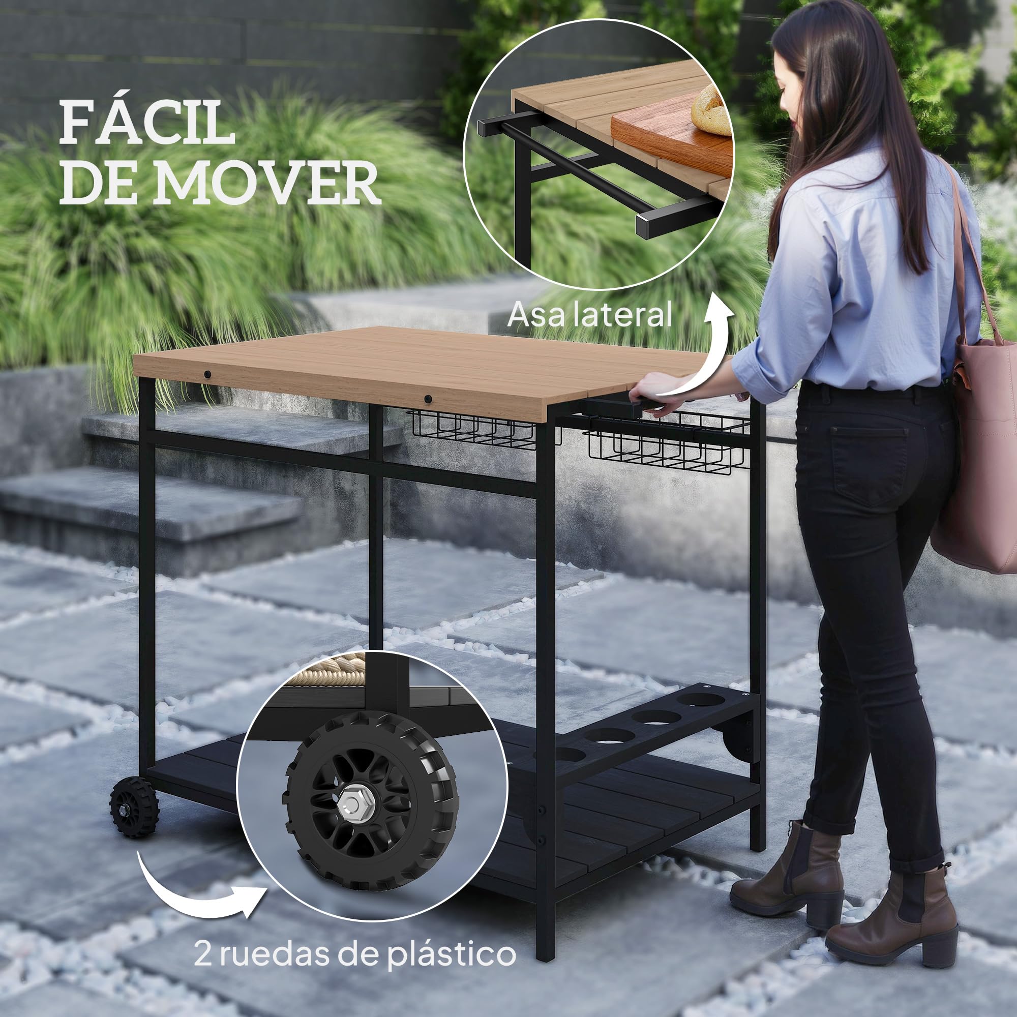 Outsunny Camarera con Ruedas de Madera Carro de Servicio con 2 Estantes 2 Cestas Metálicas y Soportes para Botellas para Jardín Terraza Patio 97,5x65x81 cm Natural y Negro