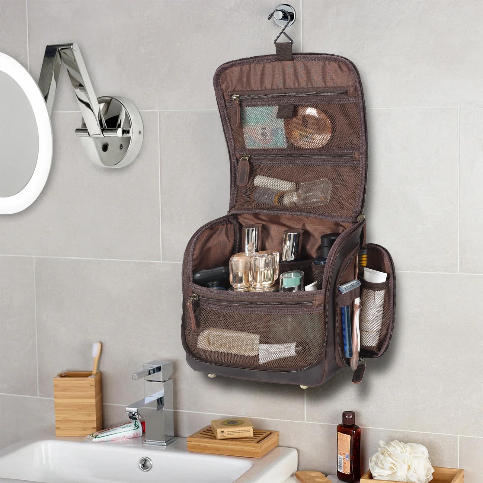 Polare - Neceser de Piel de Grano Completo, Organizador de Viaje para Colgar, Kit de Afeitado, Bolsa de Lavado, Kit de Maquillaje y cosméticos con Cremalleras YKK, Marrón Oscuro, Polare - Neceser de