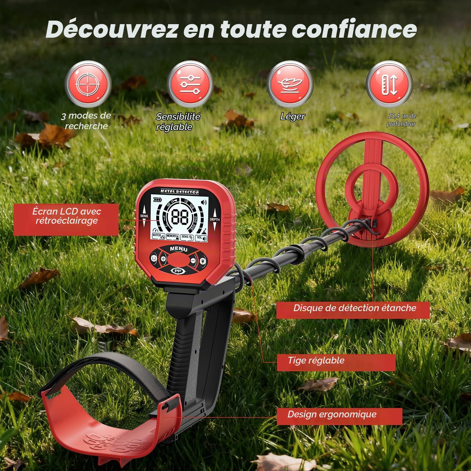 Détecteur de Métaux, Longueur Réglable 106-121 cm, detecteur metaux Professionnel avec localisation précise (Mode PP), Bobine de Recherche IP68 Imperméable pour la Plage & Chasse au trésor