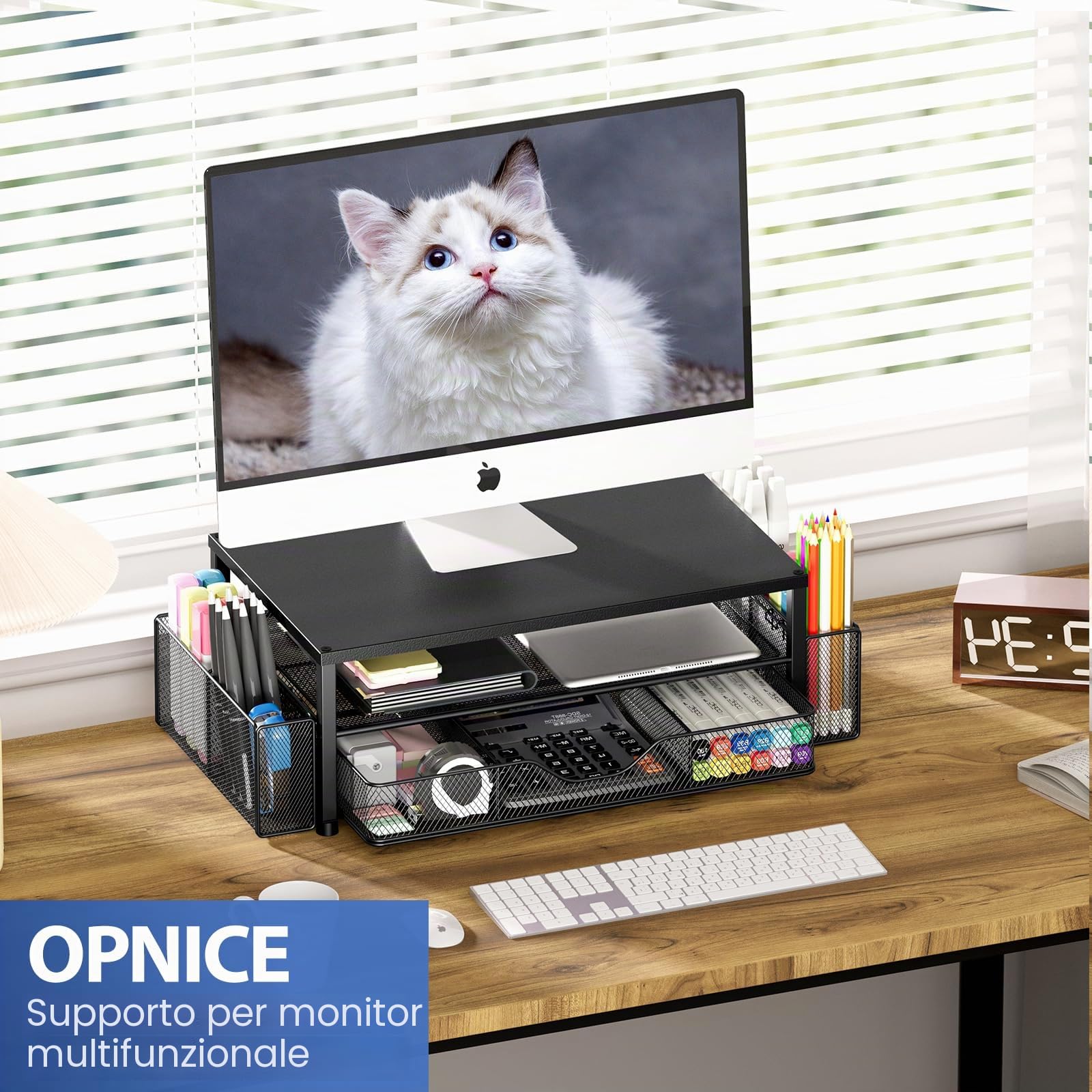OPNICE Supporto per monitor a 2 livelli con cassetto e 2 portapenne, supporto per laptop, accessori da scrivania per ufficio, nero