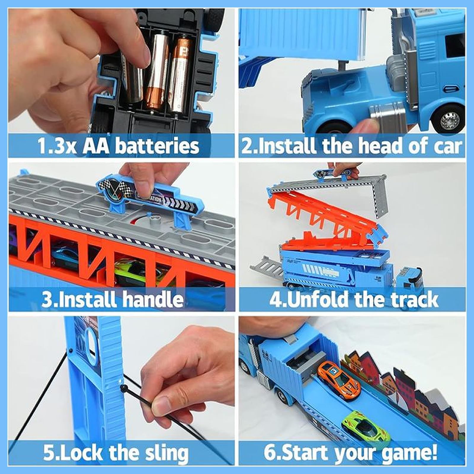 Camion Giocattolo per bambini, 201cm Pista da Trasporto Pieghevole Auto Eiettabile e 8 Auto da Corsa in Metallo, camion Porta Macchinine con Luci e Suoni, Regali per Bambini di 3 4 5 6+ Anni