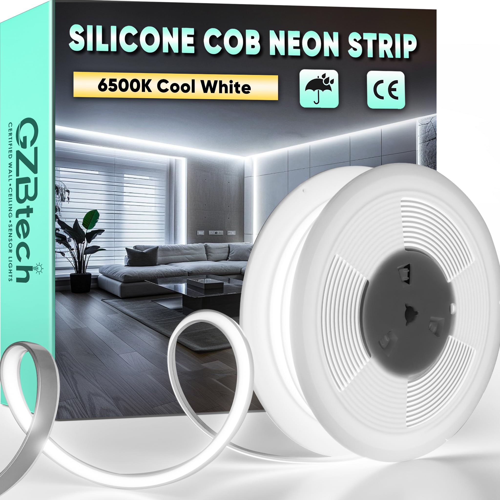 GZBtech AC 230V COB LED Streifen 10M, Silikon Weiß 6500K Wasserdicht 286LEDs/M Dimmbar Outdoor Neon Lichtleiste LED Strip Light für Schlafzimmer, Wand, Küche, Wohnzimmer,CE-zertifiziert