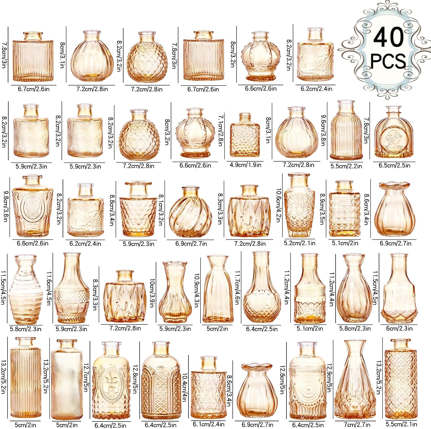 Amber Glass Bud Vases Set of 40, Mini Flower Vase for Centerpieces, Small Gold Bud Vases in Bulk for Wedding Decorations,Vintage Vase for Table, Home Décor,Party Decor, Anniversary