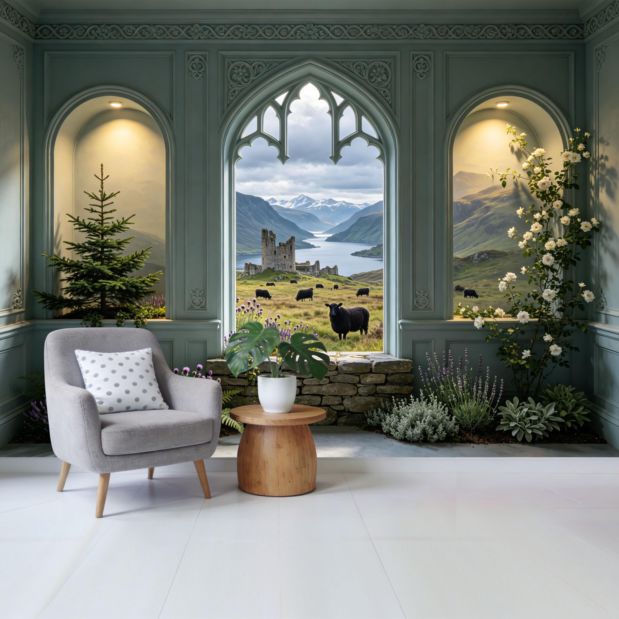 Custom Size Wall Mural Scottish Highlands Castle Landscape with Sheep and Lake View Removable Self Adhesive Fabric Home Wall Decor for Living Room Bedroom Bathroom