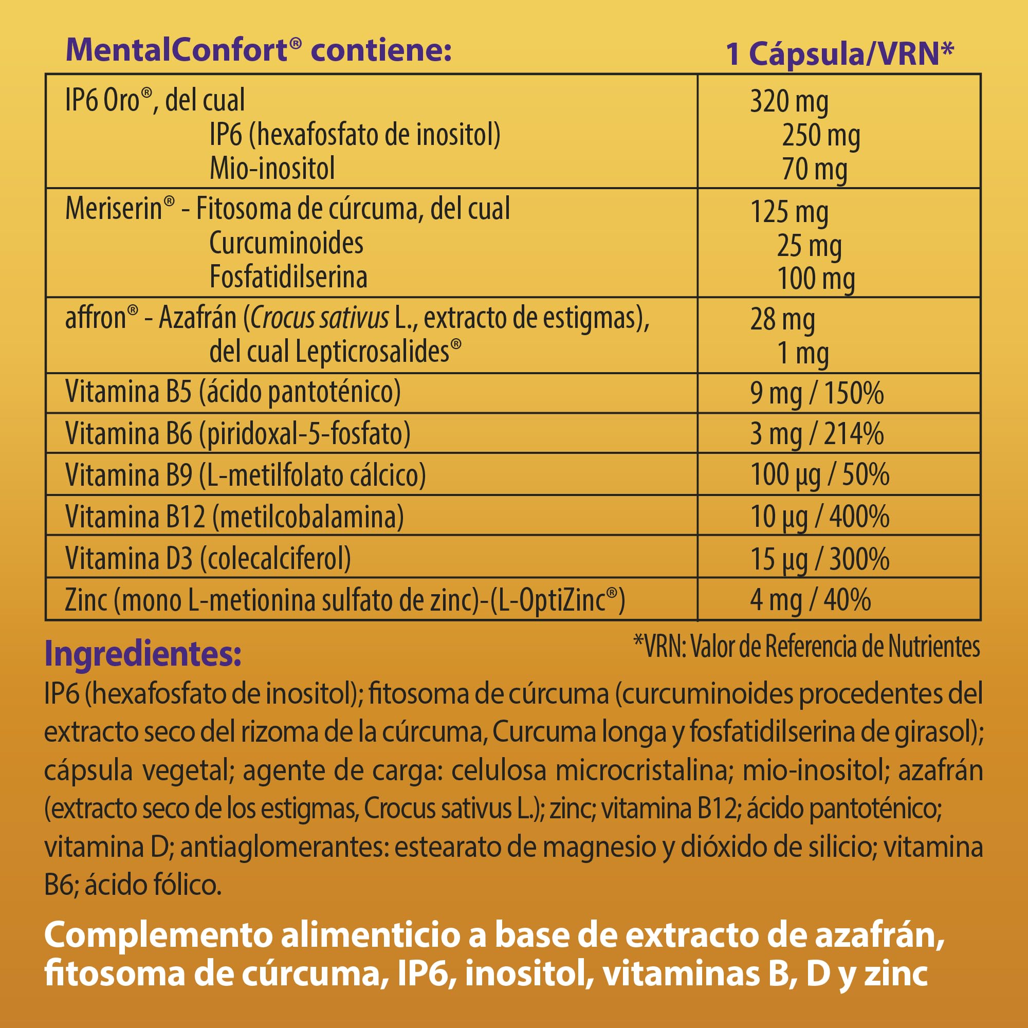 MentalConfort® - Extracto de Azafrán y Cúrcuma - Apoya el Equilibrio Emocional - Estimula el Buen Humor - Favorece el Sistema Nervioso - Vitaminas B y D3 - Zinc Alta Biodisponibilidad - 60 Cápsulas