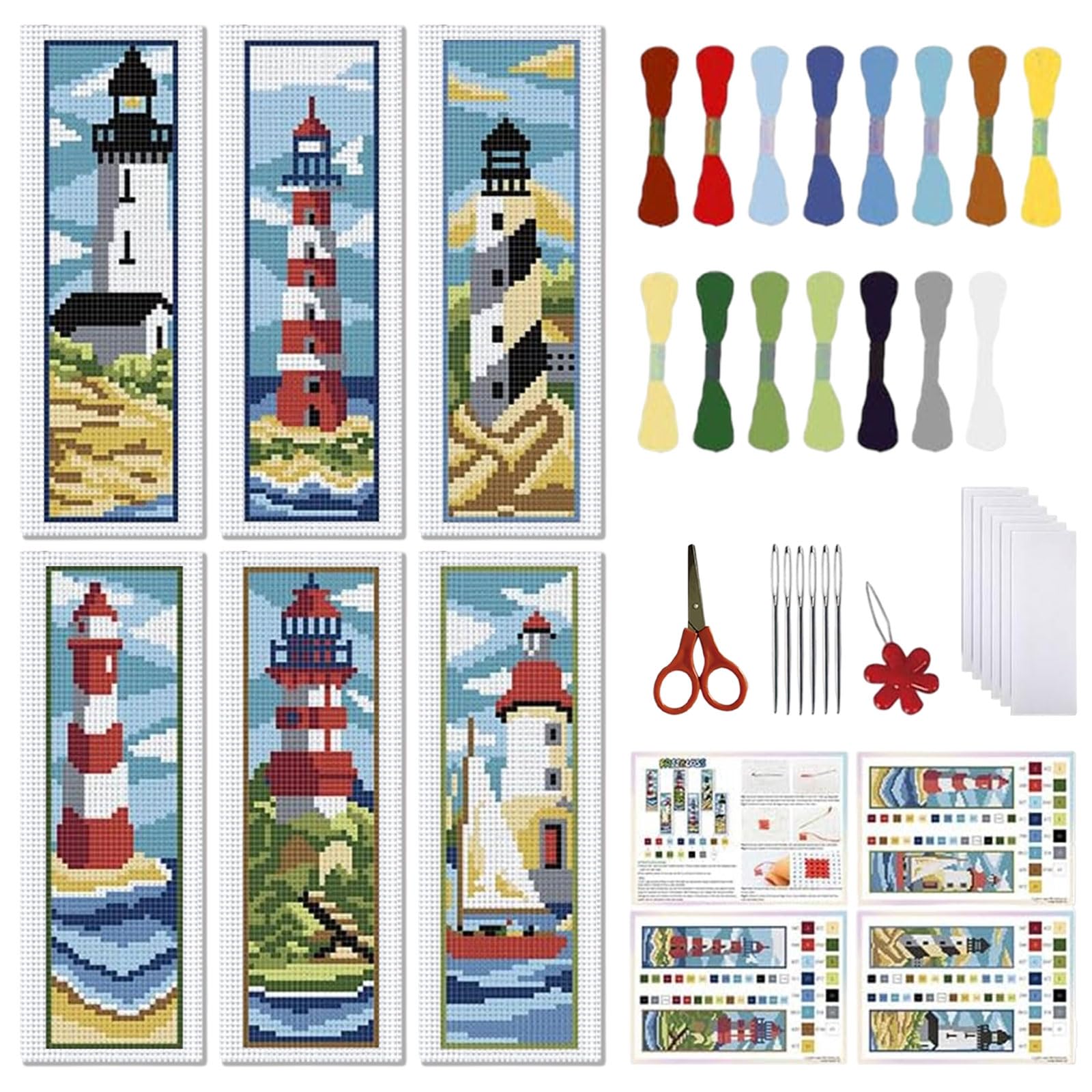 FREEBLOSS 6 Set Bookmark Cross Stitch Kits Cross Stitch Bookmark Kit with Instructions Lighthouse Scenery Pattern Embroidery Kit for Beginners Bookmarks Making Kit for Gift
