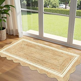 Front Door Mat - 2x4.3 Neutral Farmhouse Scalloped Small Runner Rug