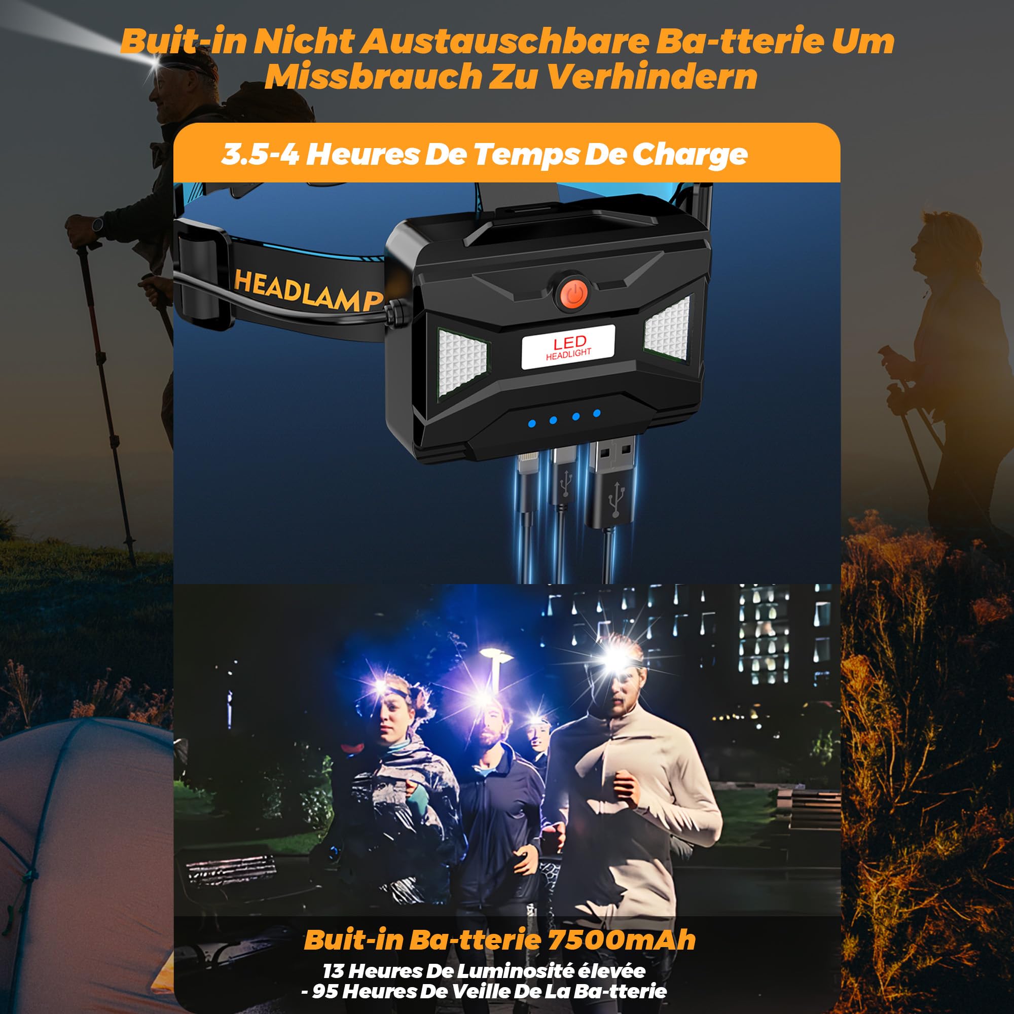 210000 Lux 12 Modes Lampe Frontale Rouge Avertissement Et Capteur Focalisation Réglable, 95H Standy 125°Angle et, Lampe Frontale Puissante IP65 Étanche Pour Course à Pied Pêche Camping Randonnée