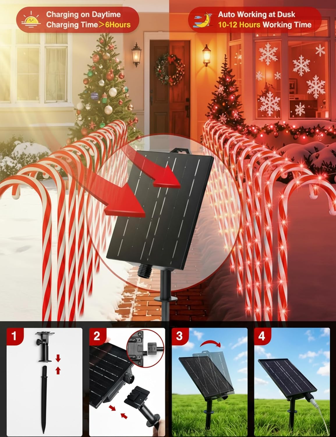 COOLWUFAN 24 Pack 28" Solar Candy Cane Path Lights Christmas Decorations, 4 Brightness Levels 264 Bright LEDs Waterproof Pathway Markers with Stakes for Outdoor Yard Garden Walkway Xmas Holiday Decor - Image 3