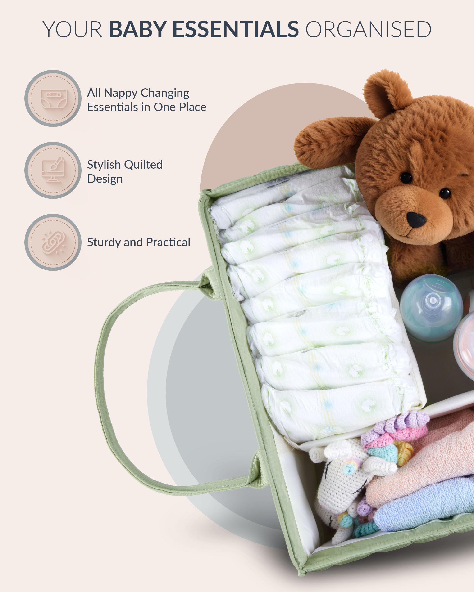 love & lullabies Nappy Caddy Organiser, Stylish Quilted Baby Changing Basket - Image 2