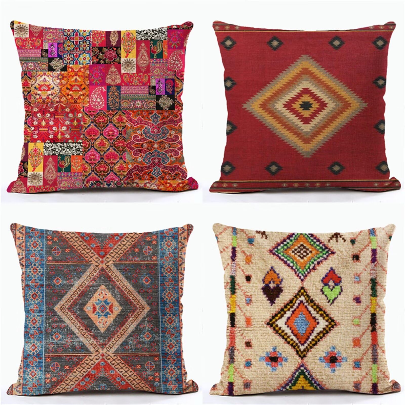 Set of 4 Wedge Bohemia Cushion Covers 50cm x 50cm Square Linen Cushions with Invisible Zipper Sofa Cushions Duplex printing Patterns Decorative Pillows Ideal for Indoor Outdoor Living Room Home Decor