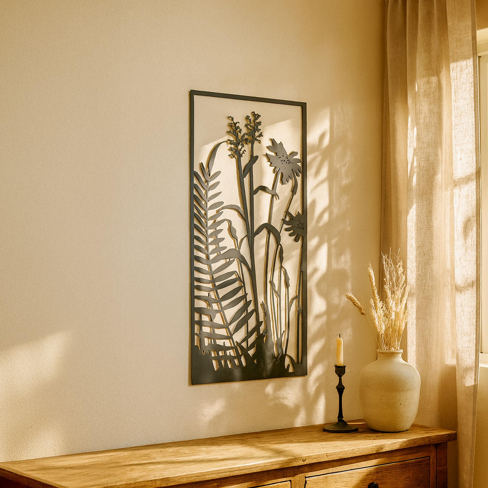 UNUS Tableau en métal fougère et fleurs, 120 x 60 cm, décoration murale pour intérieur et extérieur, avec crochet de suspension, design moderne, noir