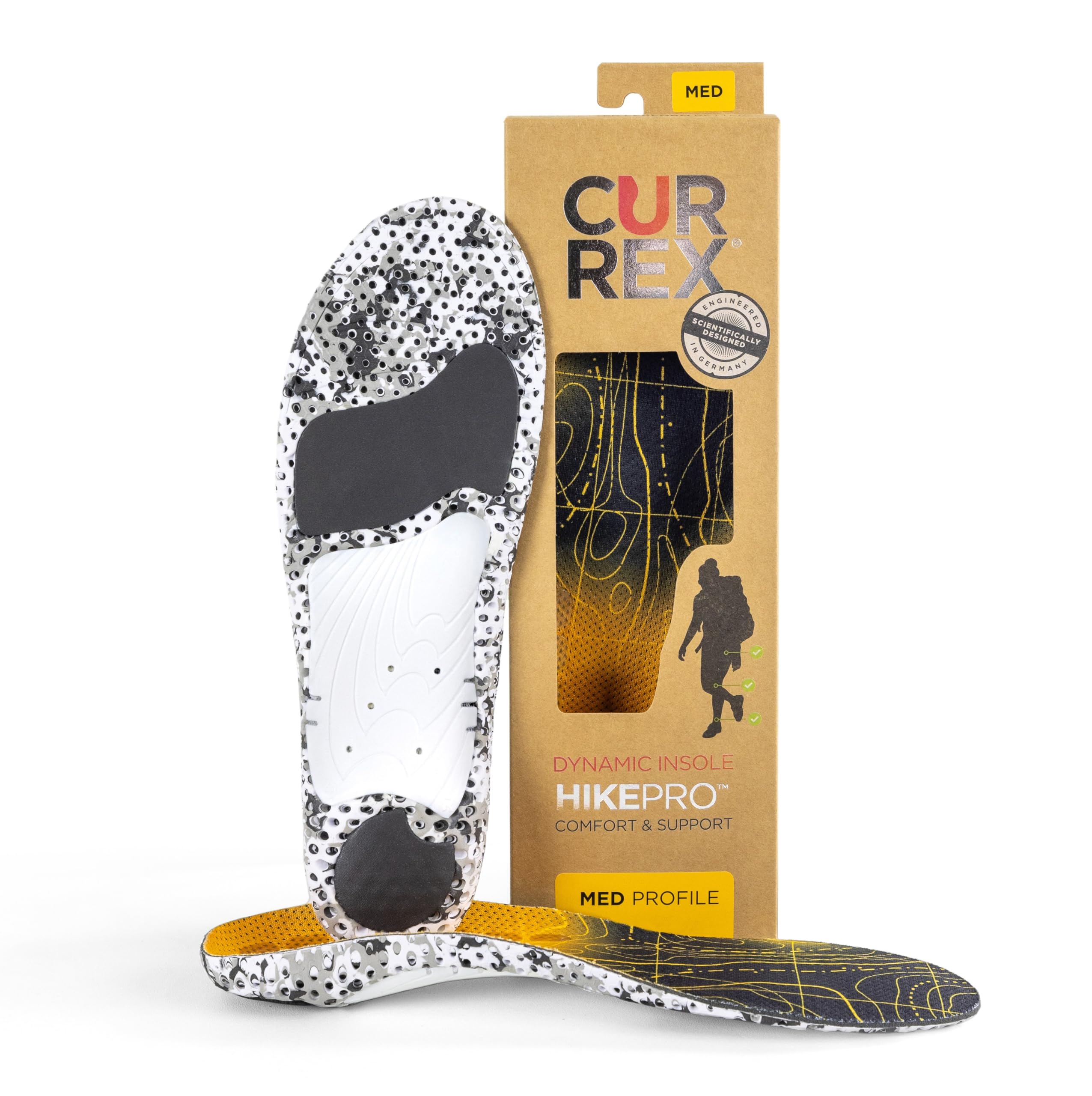 CURREX HIKEPRO - Extra Shock Absorbing Insole, Cushion and Airflow for More Comfort on Uneven Terrain, Extra Grip for Less Slip, Hiking Inserts, Men and Women, Medium Arch - Yellow, S (Mens 5-6.5 / Womens 6.5-8)
