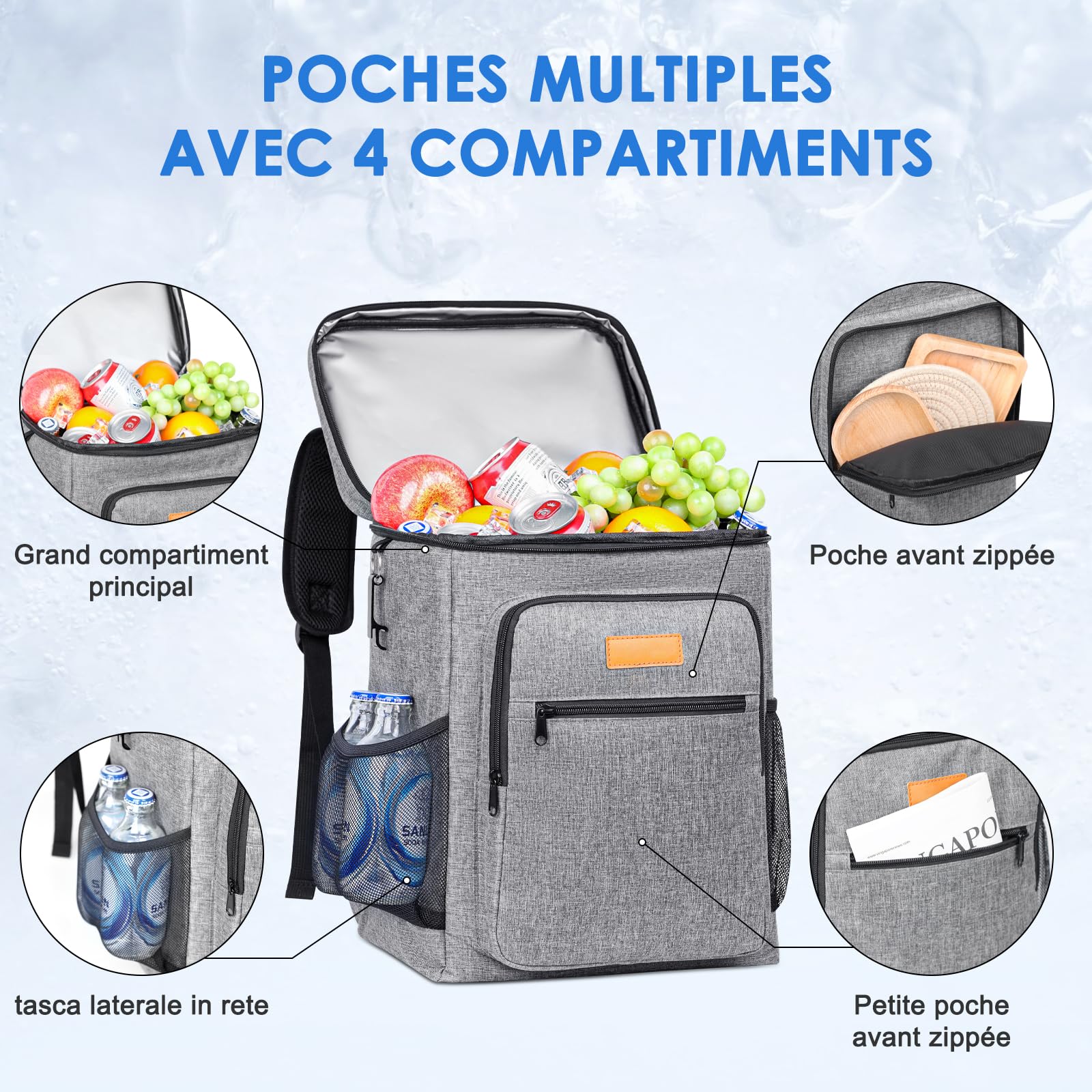 Sac à Dos Isotherme Repas de 24 L Sac à Dos de Pique-Nique Étanche et Souple avec Multiples Poches et Un Décapsuleur Sac à Dos Glacière Portable pour Famille Repas Camping Plage Travail et Extérieur