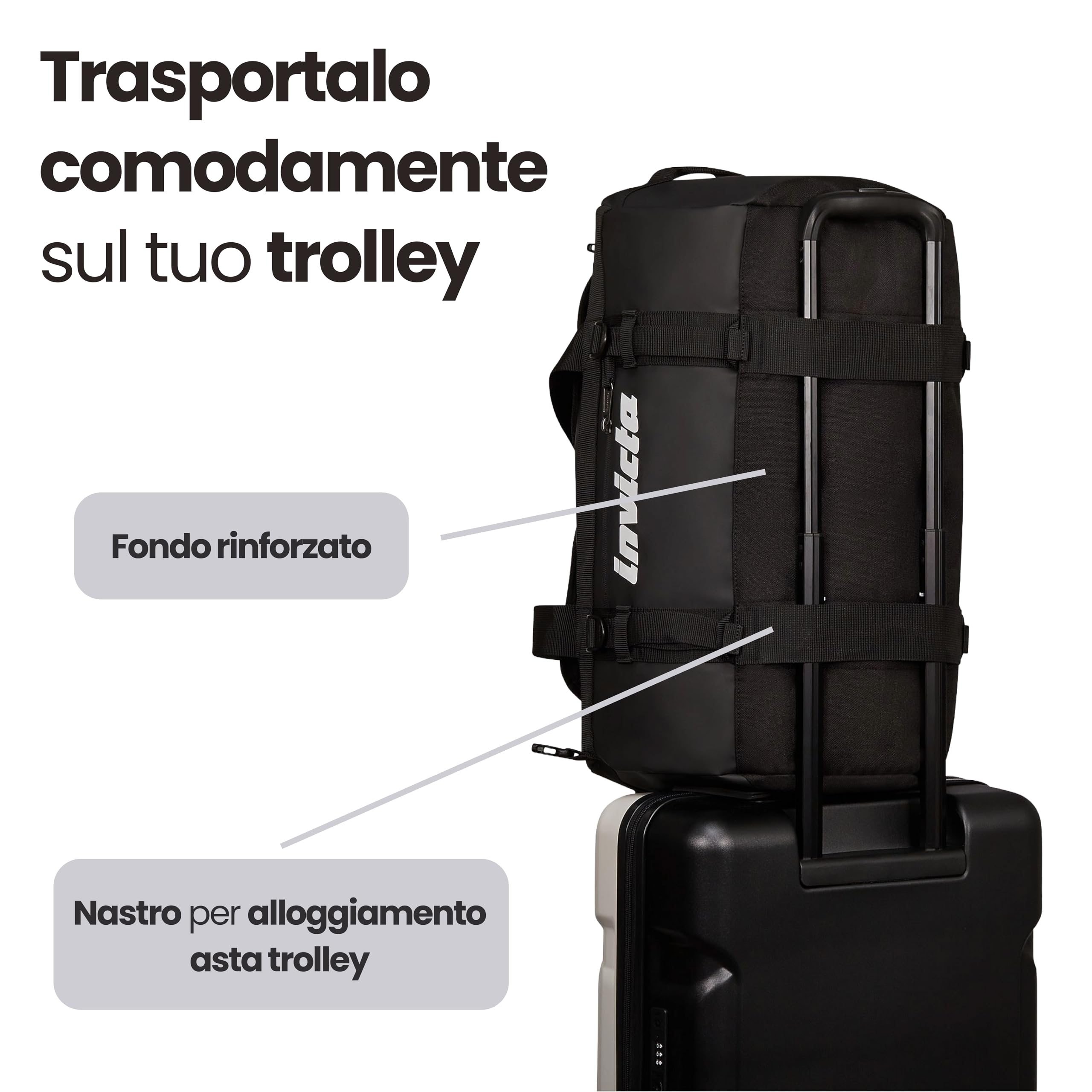 Invicta Zaino da Viaggio 50L – 51x33x33 cm, Nero, Borsone con Spallacci Amovibili, Tasca Interna, Fondo Rinforzato, Apertura Frontale, Passante per Trolley, Bagaglio Aereo Cappelliera, Uomo Donna