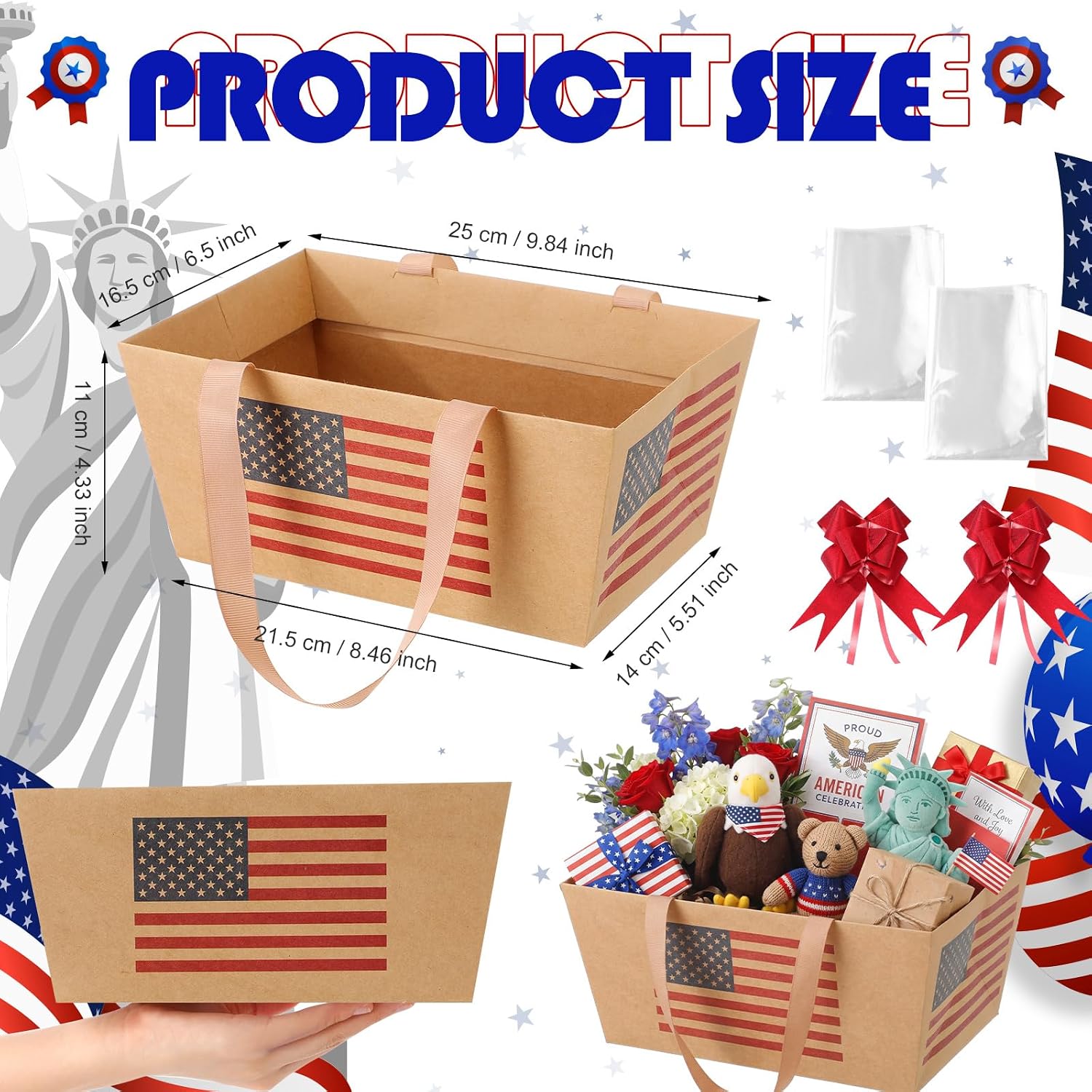 Funnymoom 12 Pcs Patriotic Kraft Basket for Gifts Empty with Cellophane Bag & Ribbon Brown American Flag Gift Wrapping Basket for 250th Anniversary Veterans Day Birthday Party Favor Supply 9.8x6.5''