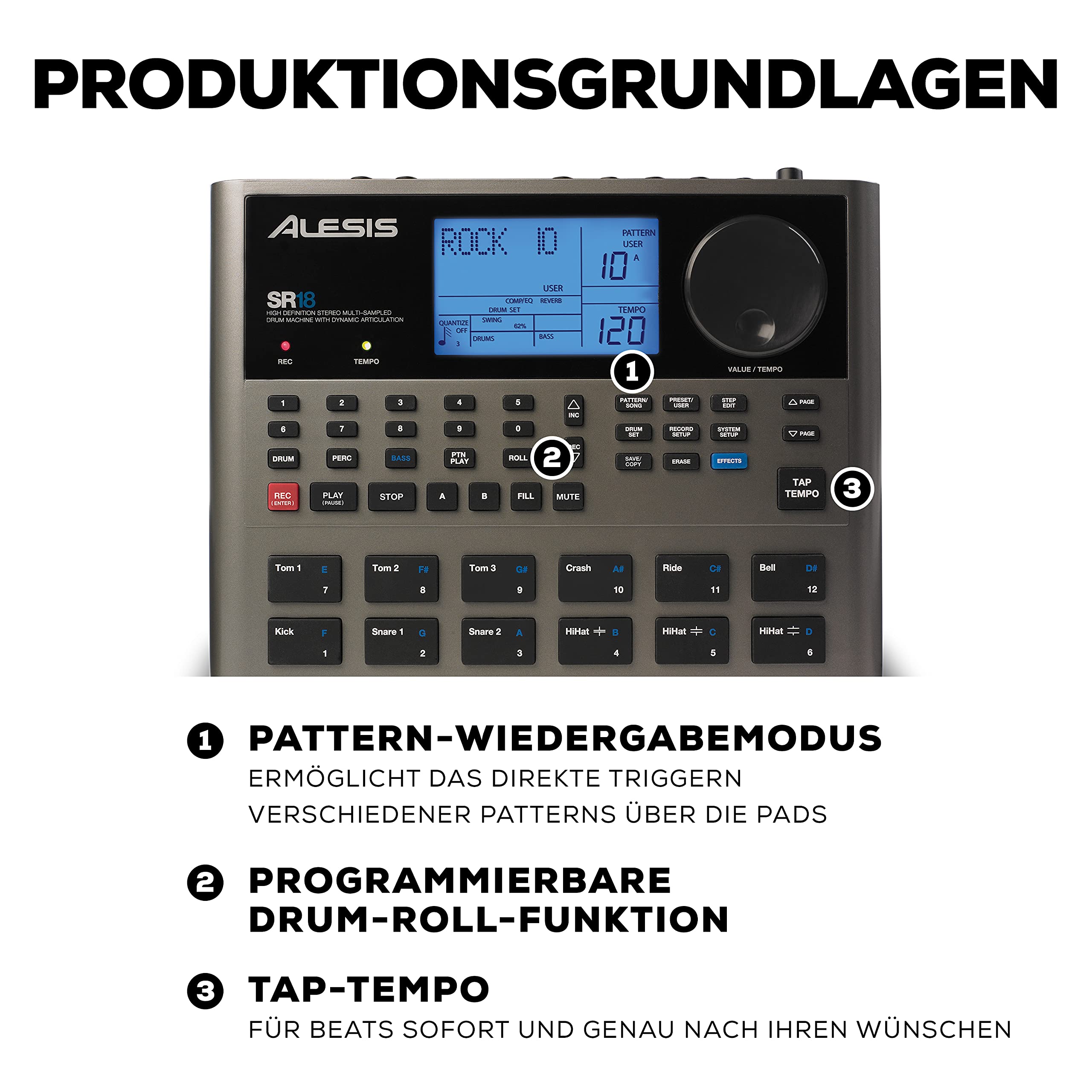 Alesis SR18 - Portables Drum Machine mit Effekten, 175 Preset Patterns und 32MB Samplespeicher mit Percussion Bank und Bass Synth