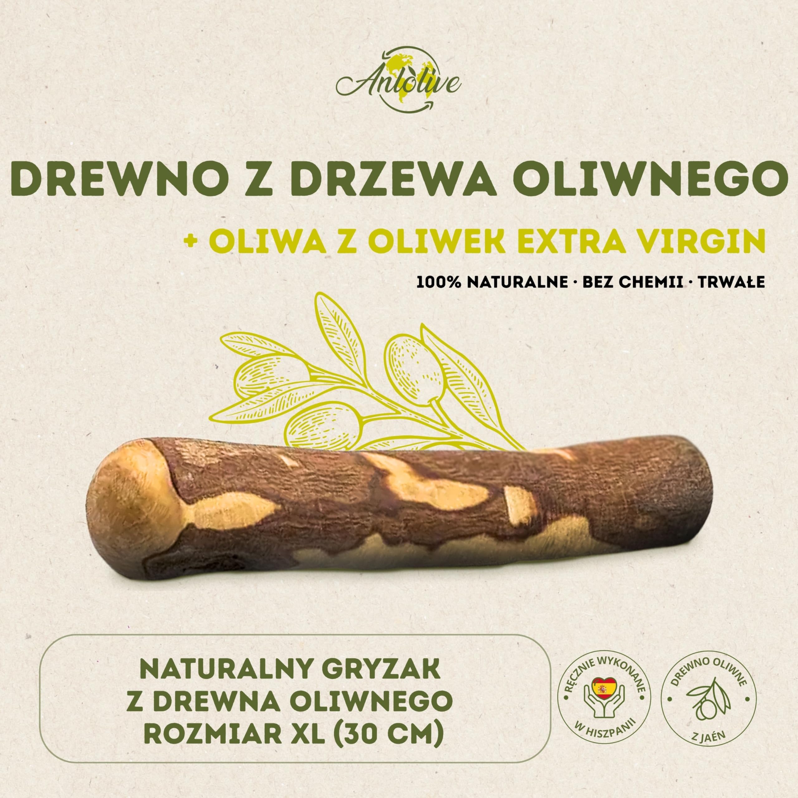 Naturalny gryzak rozmiar XL 27–30 cm | Dla dużych psów | Patyk z drewna oliwnego | Zdrowa, bezpieczna i trwała zabawka | Łagodzi lęk, dba o zęby i redukuje stres