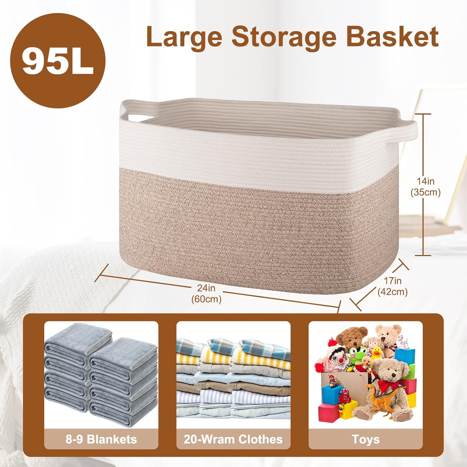 Extra Large Laundry Basket, 95L Blanket Basket for Living Room, Cotton Rope Toy Storage for Kids, Woven Baskets for Clothes, Towels, Pillows, 24" x 17" x 14", Brown and White