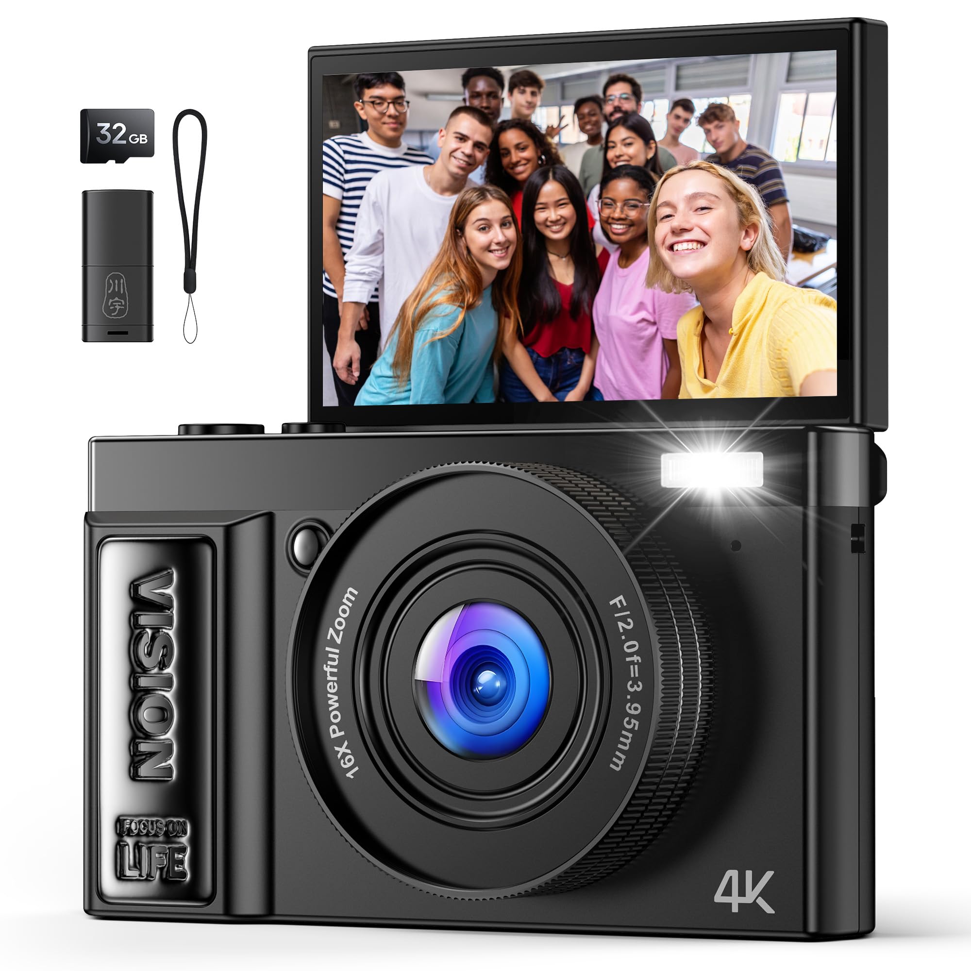 Digital Camera 4K for Photography: Cameras for Video Vlogging - 16X Zoom Photo Camera Gifts for Teens Ages 8-18 - 180°Flip Screen Compact Cámara - 64MP Point and Shoot Digital Cameras for YouTube-image-15