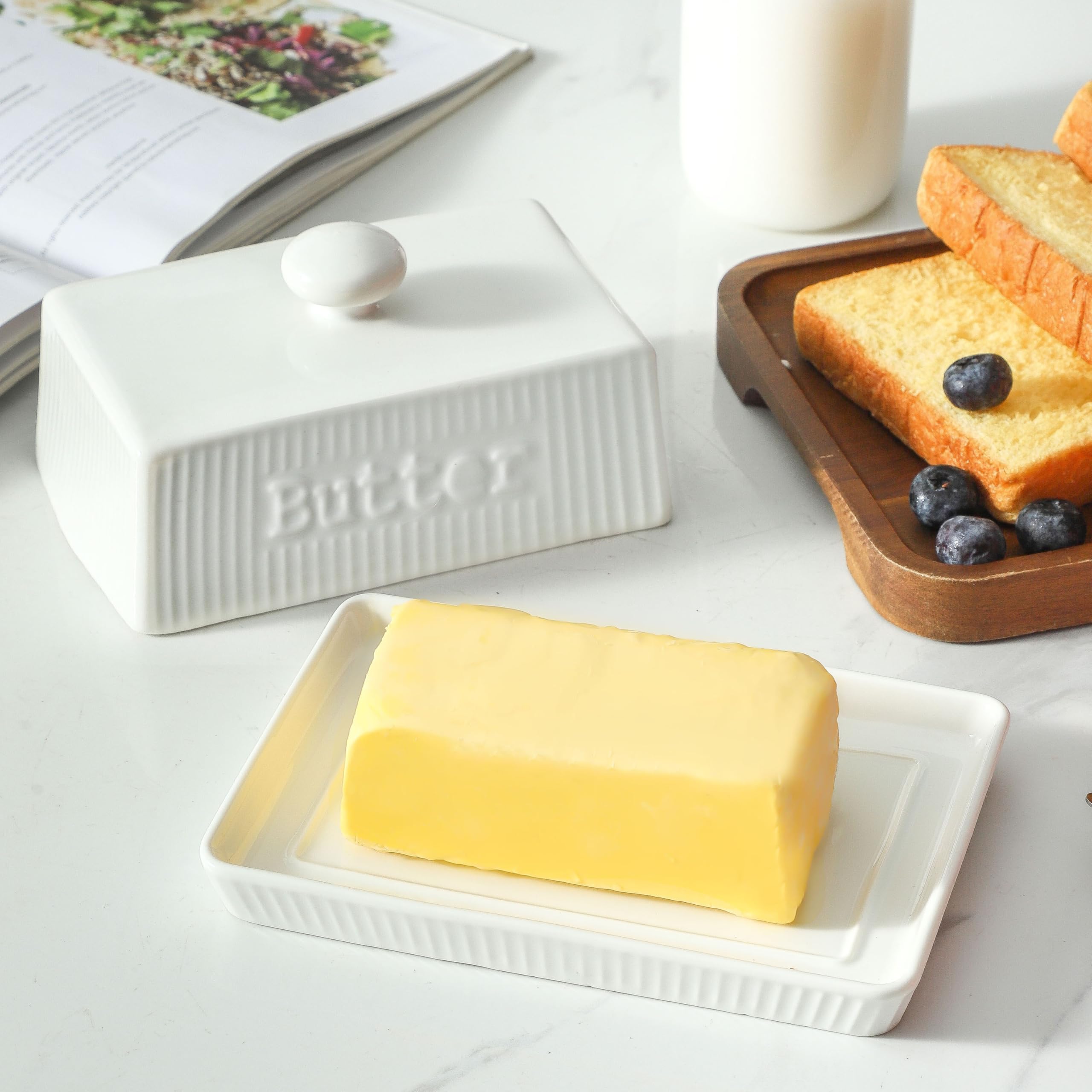weiß Butterdose Keramik für 250g Butter, rechteckige Butterglocke, Butterschale mit Deckel und Griff, Butterbox Spülmaschinenfest, Butterbehälter im Landhausstil für Haus und Küche