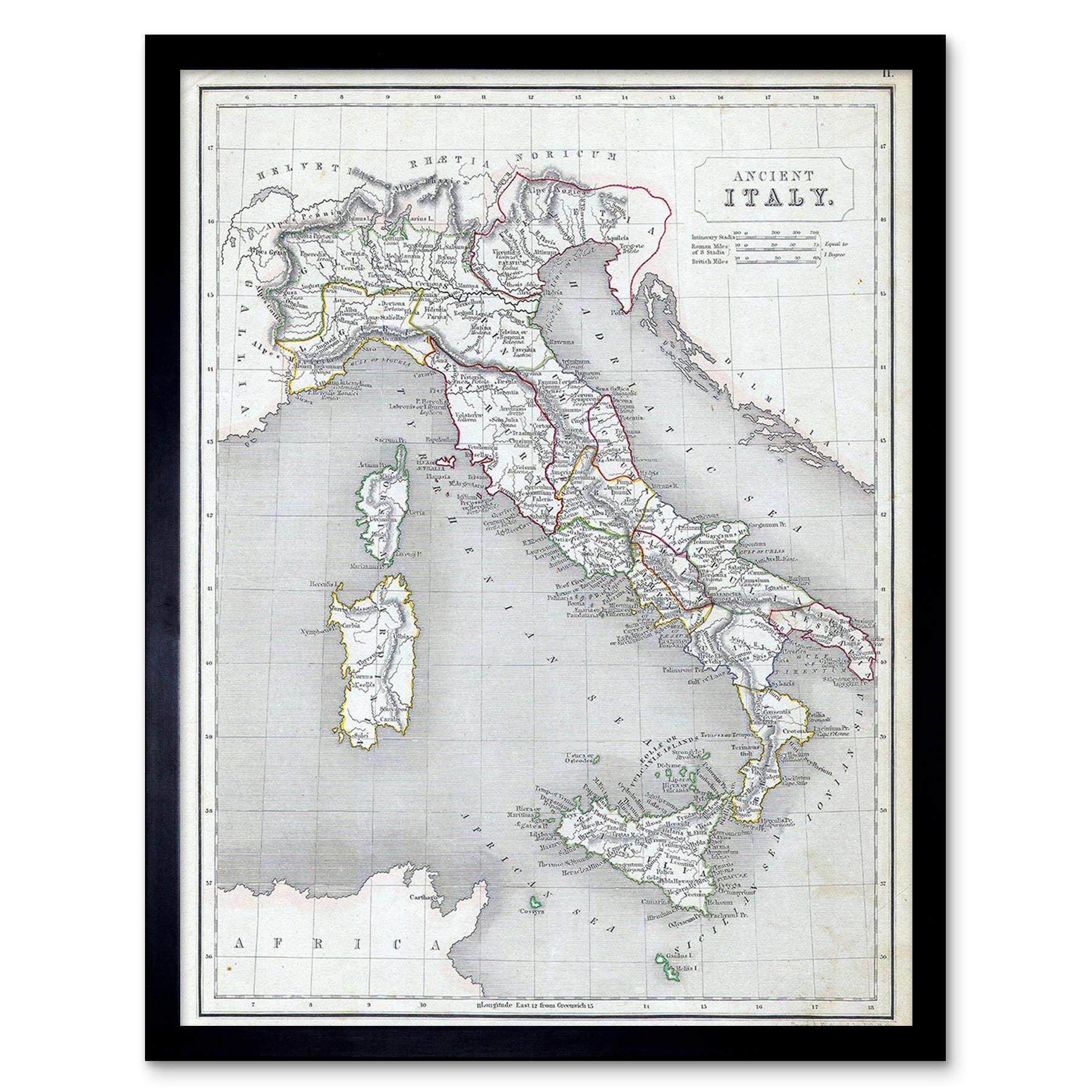 Wee Blue Coo 1845 Chambers Map Ancient Italy Art Print Framed Poster Wall Decor 12X16 Inch