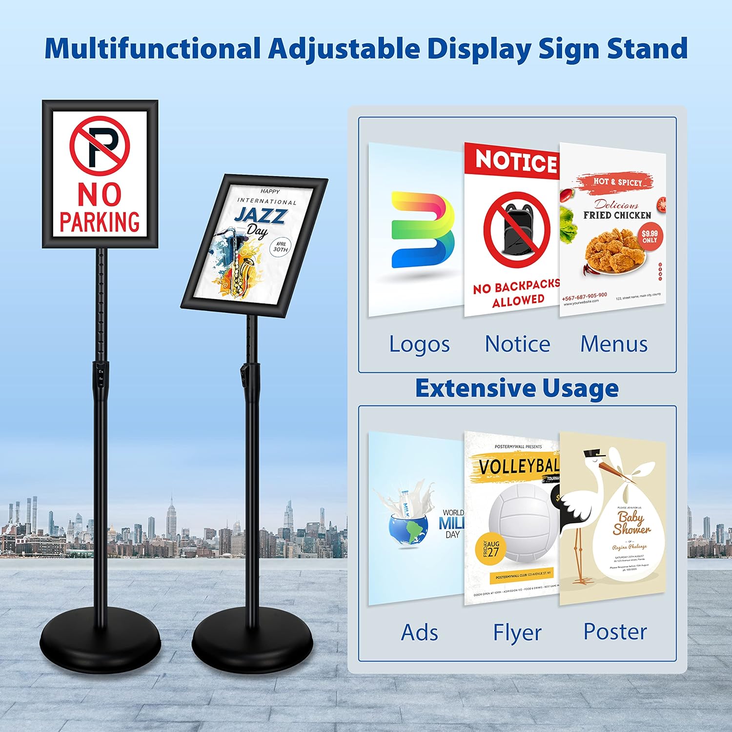 6Packs 8.5x11 Inch Adjustable Pedestal Poster Sign Stand, Heavy Duty Floor Standing Sign Holder Stand Aluminum Snap Open Frame for Vertical and Horizontal View Sign Displayed(Black) Black 8.5 x 11 inches (6 Pack)