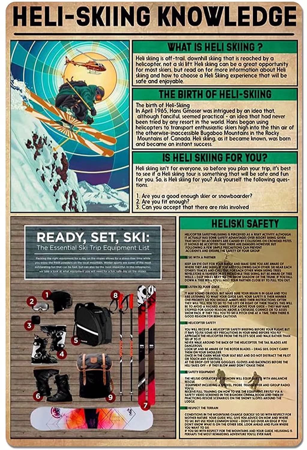 Tin Sign Heli-Skiing Knowledge Nostalgic Tin Signs Funny Poster Art Wall Decor for Pub Bar Vintage Wall Stickers 8x12 Inch