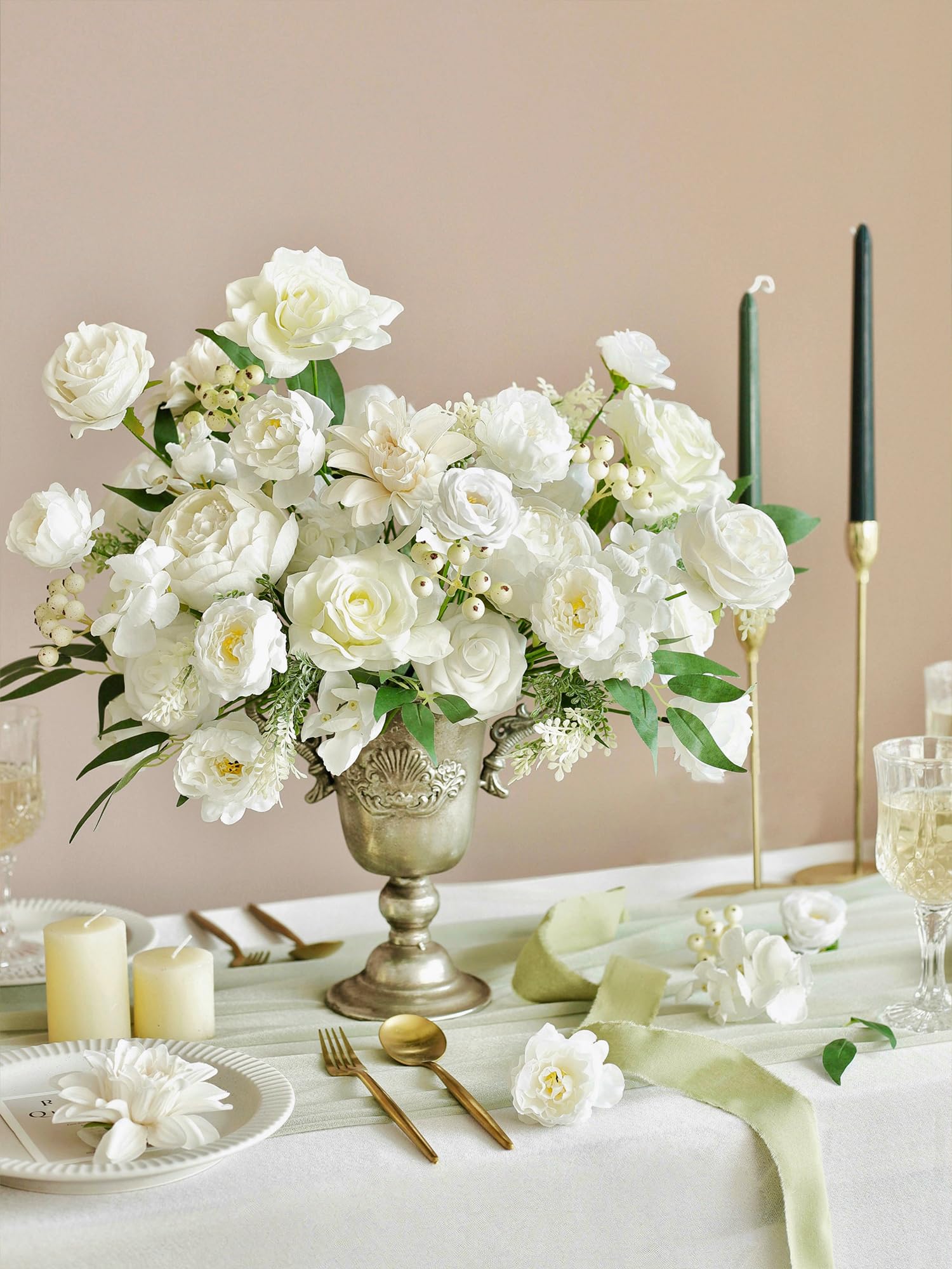 MISSPIN Set Di Fiori Artificiali Per Bouquet Da Sposa Fai Da Te - 37 Pezzi Tra Peonie, Rose E Ortensie In Tonalità Bianco Crema