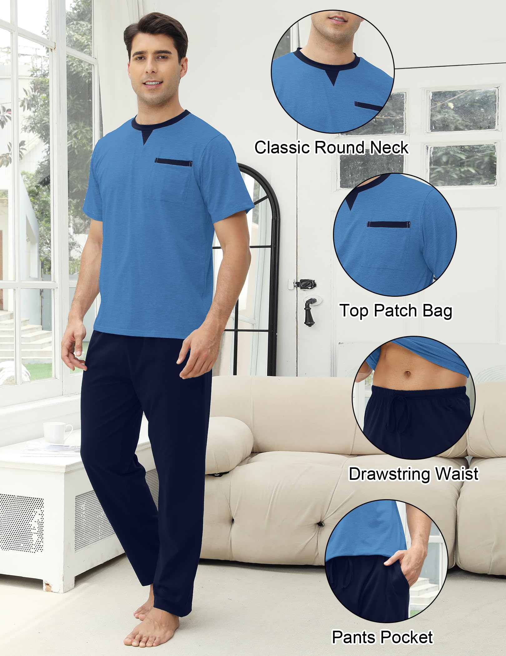 Pijama Hombre Algodon Largo Verano, Ropa de Dormir Dos Piezas, Conjunto Camiseta Manga Corta y Pantalones con Bolsillos, Ropa de Casa Suave y Cómodo S-XXL