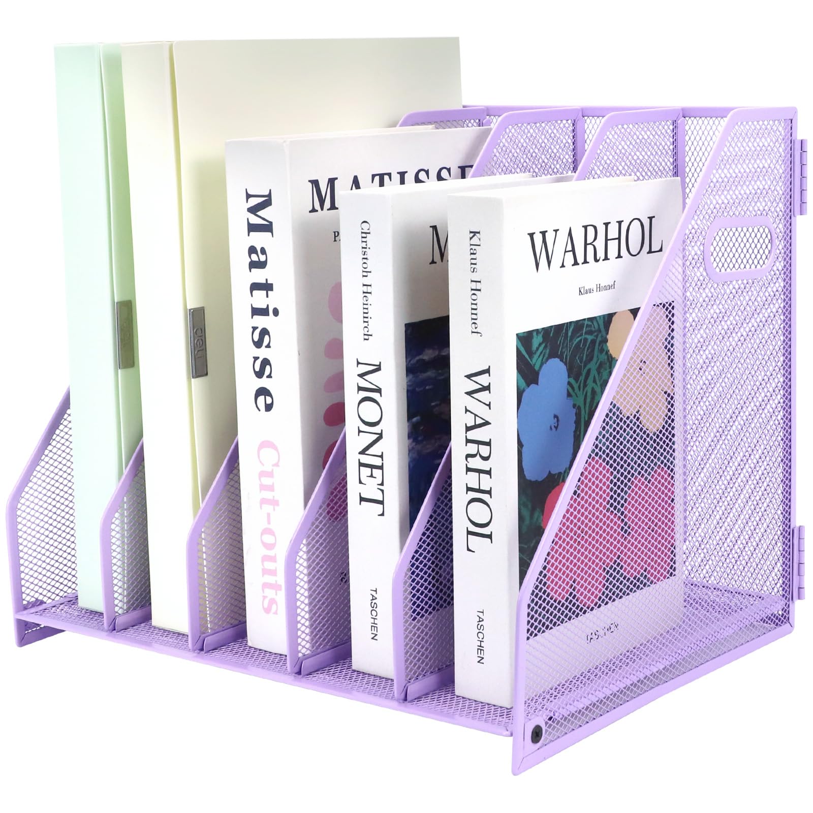 IOUGDSEC Metal Magazine File Holder for Desk with 5 Vertical Compartments, A4 Document File Holder with handle, Mesh Durable Desktop File Rack for Office School and Home, Purple
