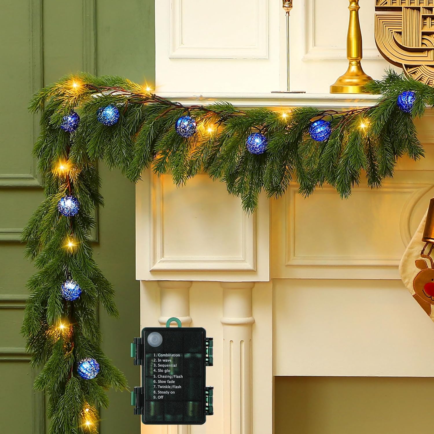 Ceenna 6.2FT Pre Lit Christmas Cedar Garland with Lights Artificial Pine Garland Christmas Decorations with Ball Ornaments,8 Modes Timer Battery Operated for Outdoor Indoor(Blue)