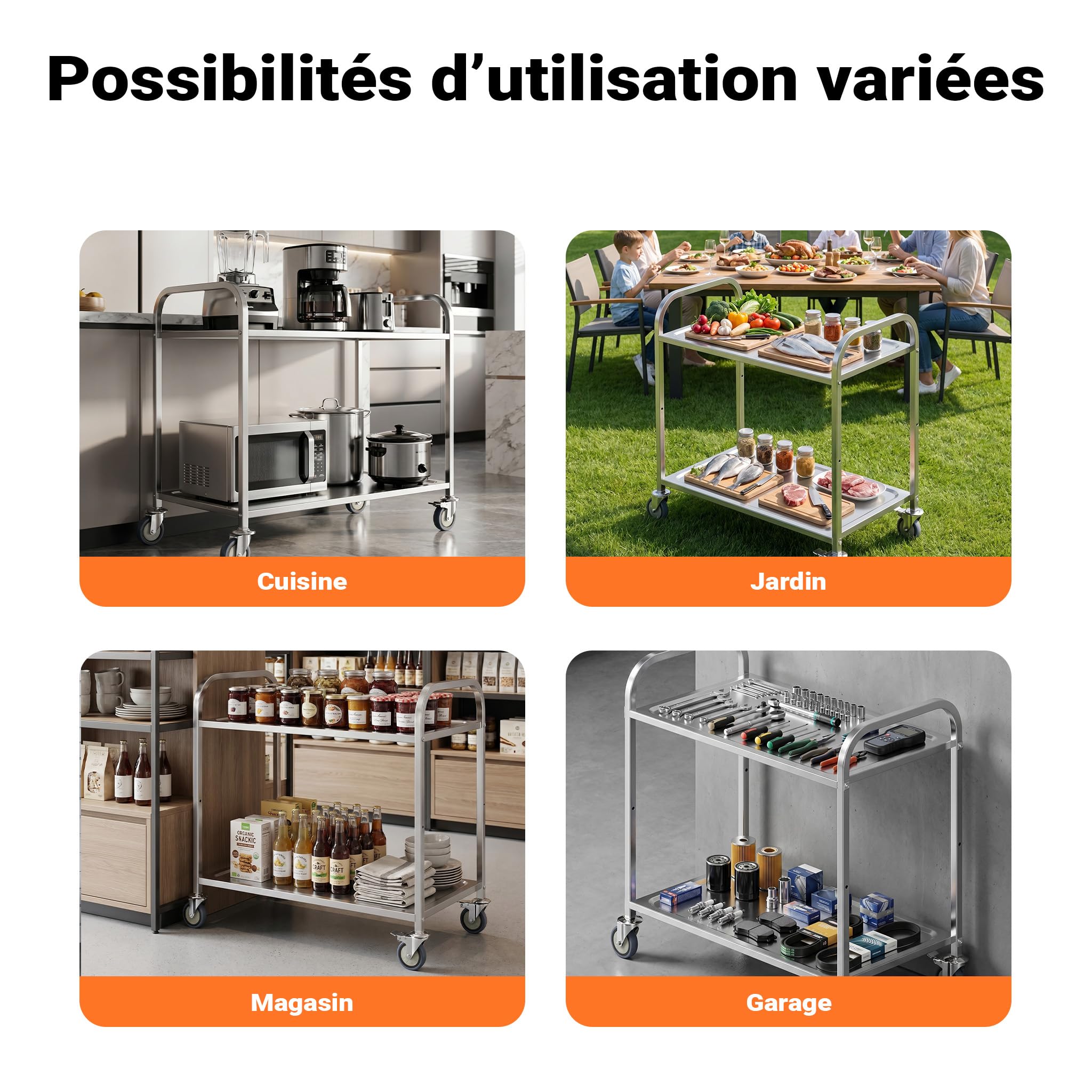 WilTec Chariot de Service – 940 x 560 x 940 mm – Acier affiné – 2 Étagères – Jusqu’à 150kg – Desserte Table servante Mobile avec Frein