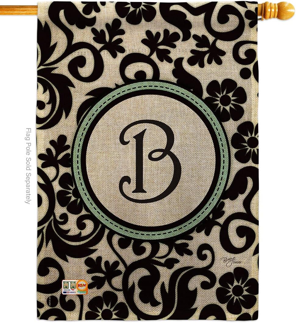 Breeze Decor Damask B Initial House Flag Monogram Country Living Simply Beauty Floral Vintage Letter Everday Classic Decoration Banner Small Garden Yard Gift Double-Sided, Made in USA