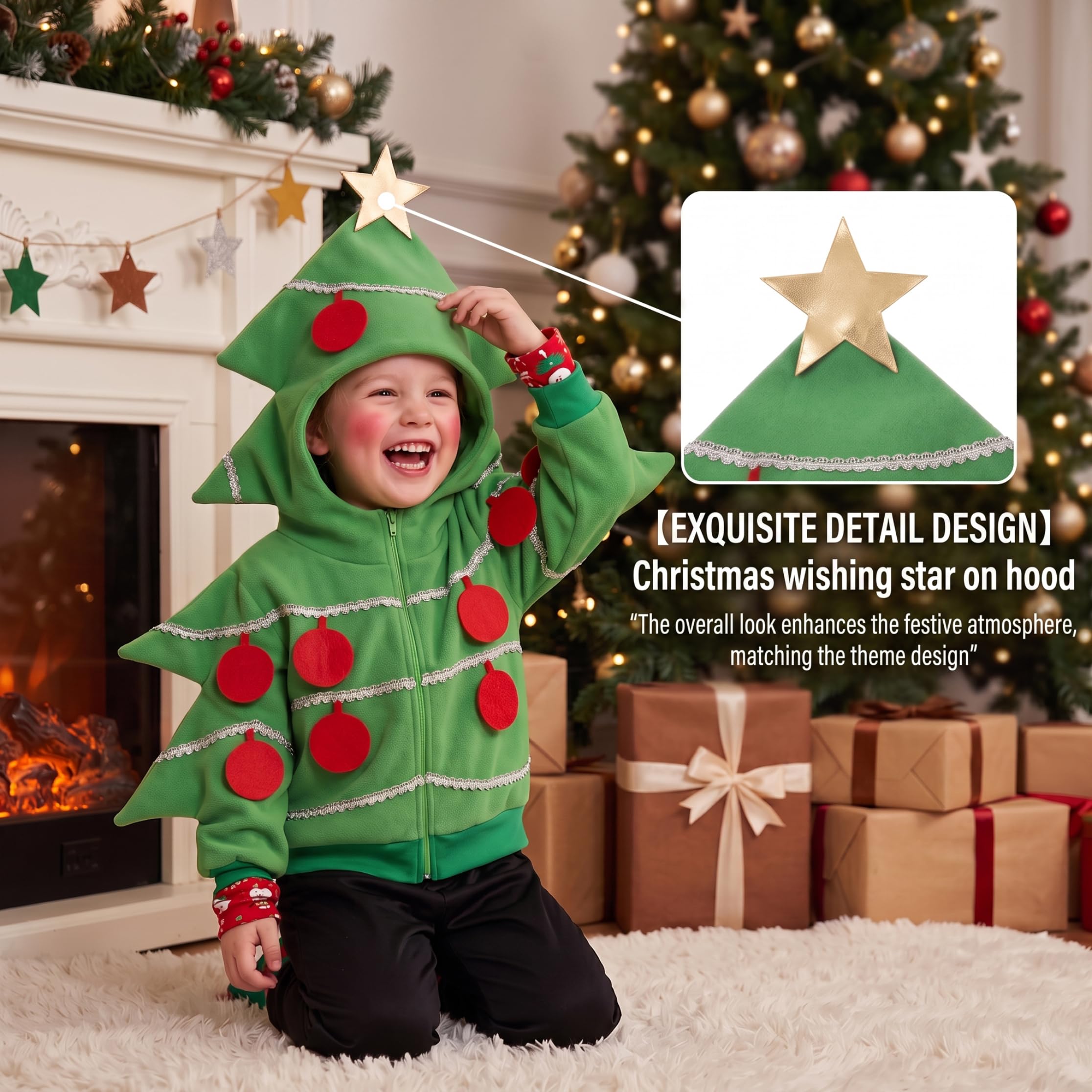Costume da albero di Natale, costume cosplay per bambini con cappuccio a stella verde S