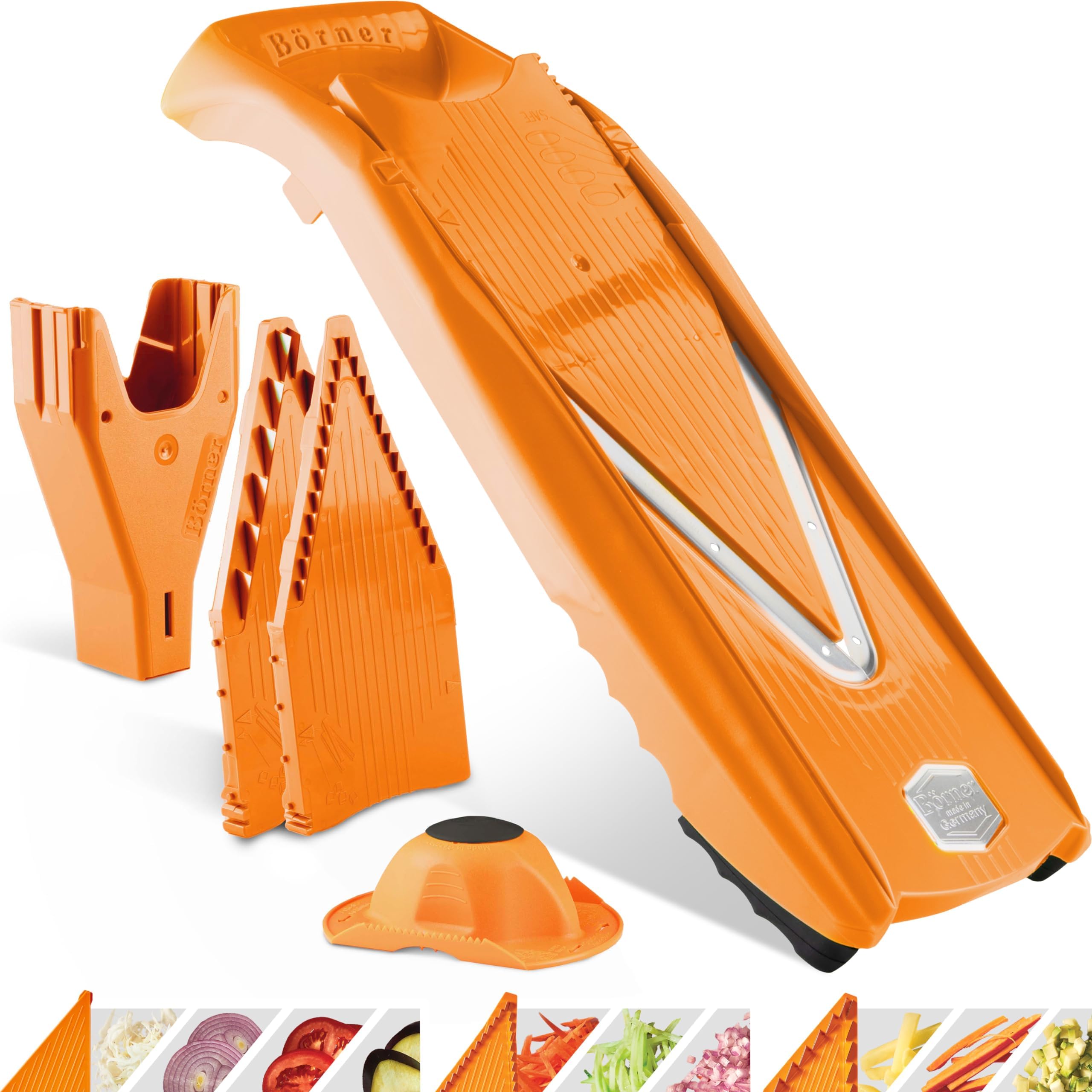 Börner V5 Powerline Vegetable Slicer Starter Set (6 pcs.) • Vegetable Slicer (V-Planer) for Fruit & Vegetables + Fruit Holder + Shelves with Box • 4 Cutting Thickness • Kitchen Planer Set