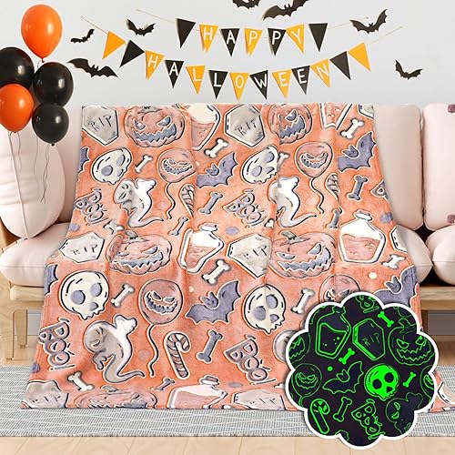 Manta de Halloween para niños y adultos, manta de Halloween que brilla en la oscuridad, con estampado espeluznante de calabaza, murciélago,