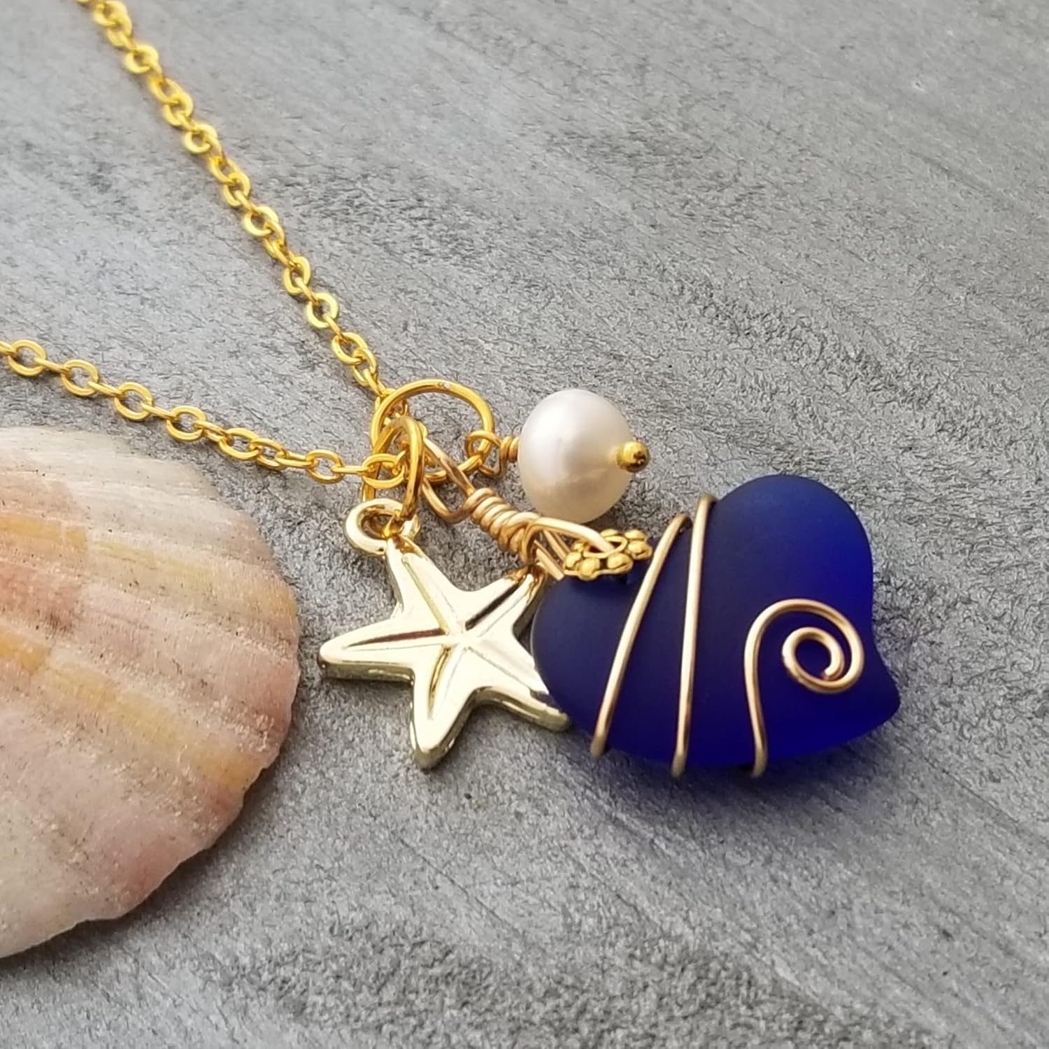 Handmade Sea Glass Necklace, Hawaiian Jewelry For Women, Gold Wire Heart Necklace, Unique Sea Glass Jewelry Gift For Women (Cobalt - September)