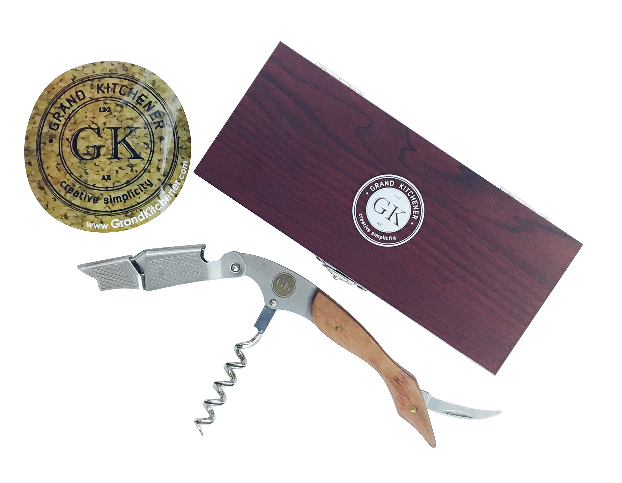 Waiters Corkscrew - Handmade Premium Rosewood Handle All-in-one Corkscrew, Bottle Opener and Foil Cutter (Wooden gift box)