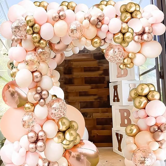 Rose Gold Balloon Arch Kit - 141 Pcs Rose Gold & Pink Balloon Arch Kit with 18 Inch 4D Rose Gold, Multi Sized Gold, Pink, Peach & Confetti Balloons for Birthday, Bridal Shower, Baby Shower Decorations