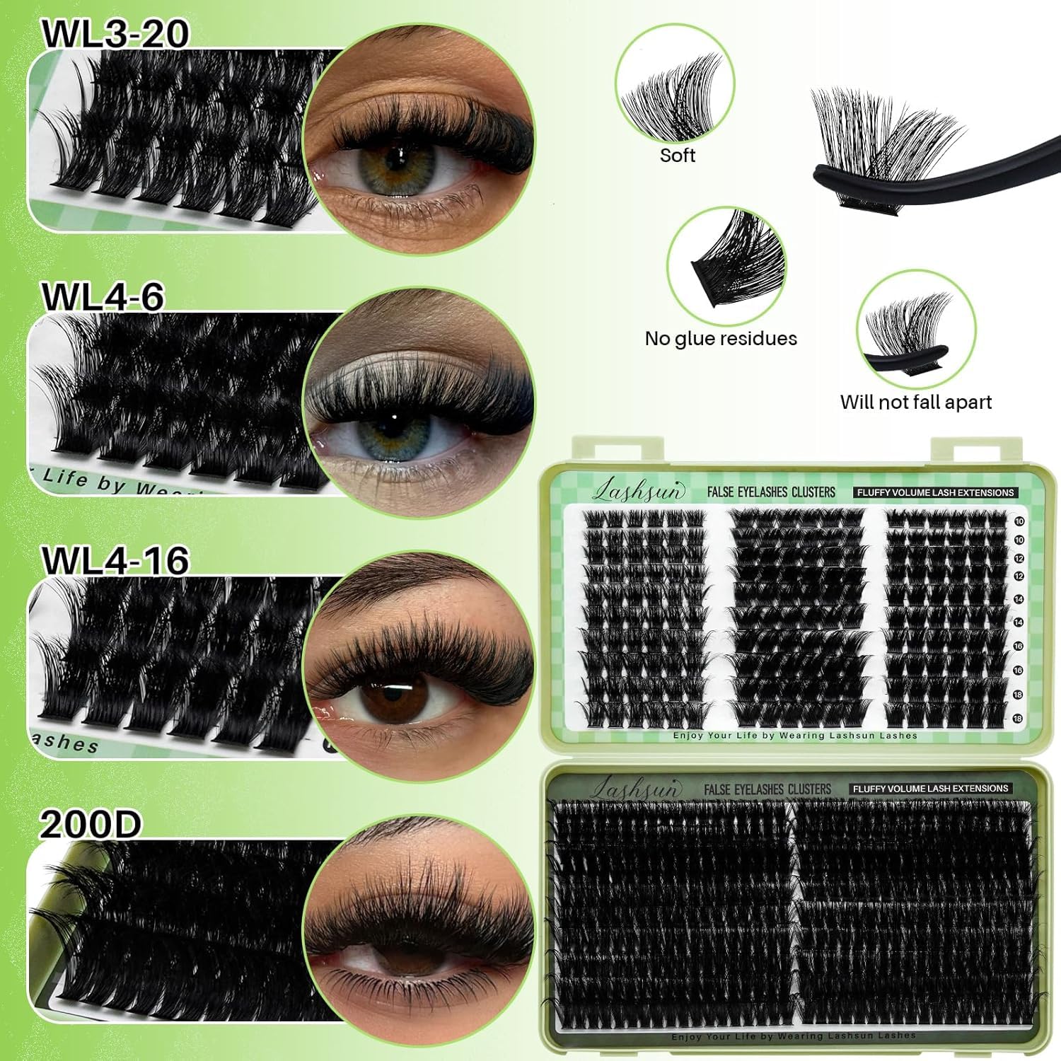 Lash Clusters Kit 540pcs D Curl 4 Styles 10-22mm Wispy Cluster Lashes Kit Soft and Comfortable False Eyelashes Extension Kit, DIY Long Lasting Lashes At Home (WL+200D Kit)