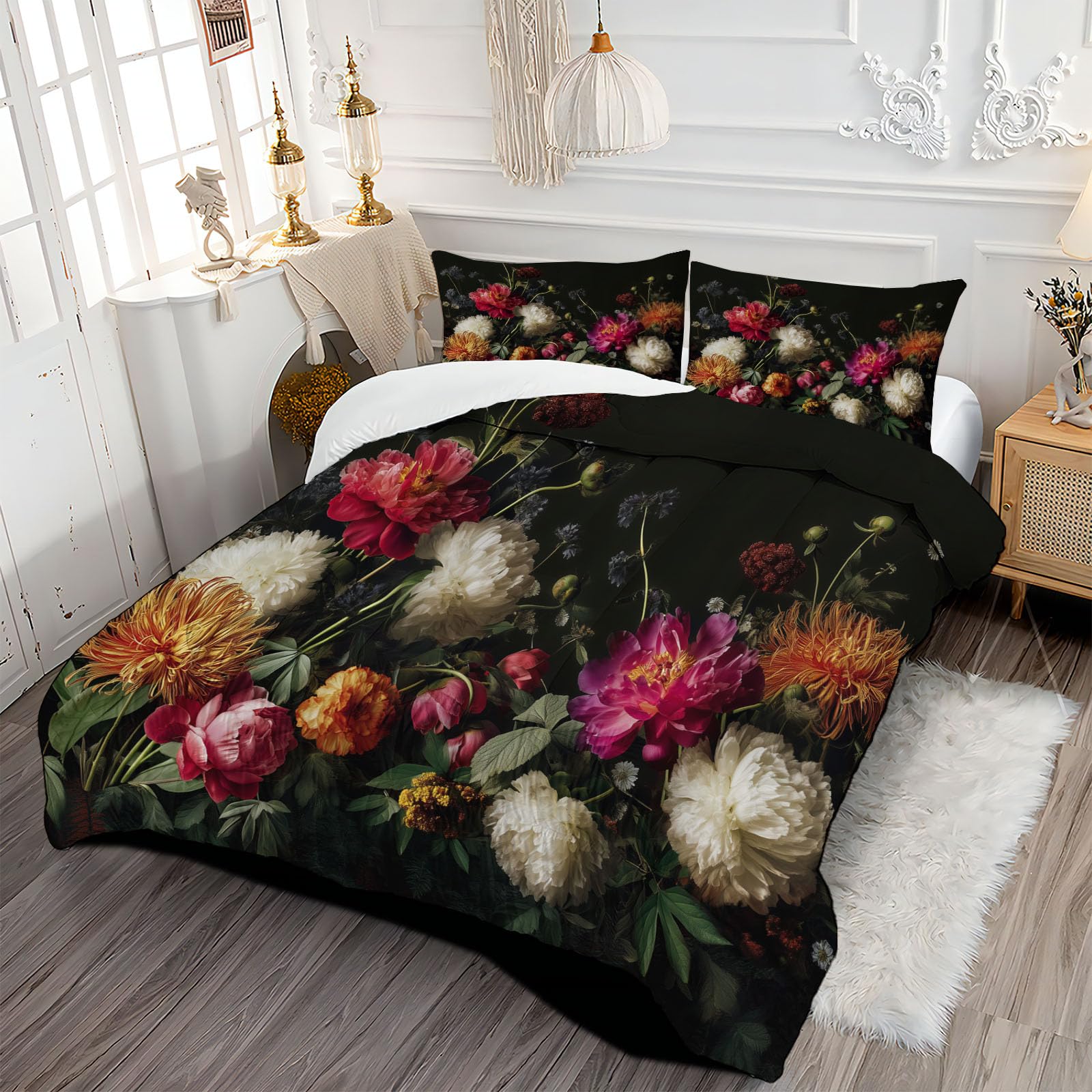 DLERFLOVR Edredón Cama 105, Relleno Nórdico Crisantemo Plumón Ligero Suave Transpirable Cielo Nocturno con Flores Silvestres Edredón de Fibra para Otoño e Invierno, Verde