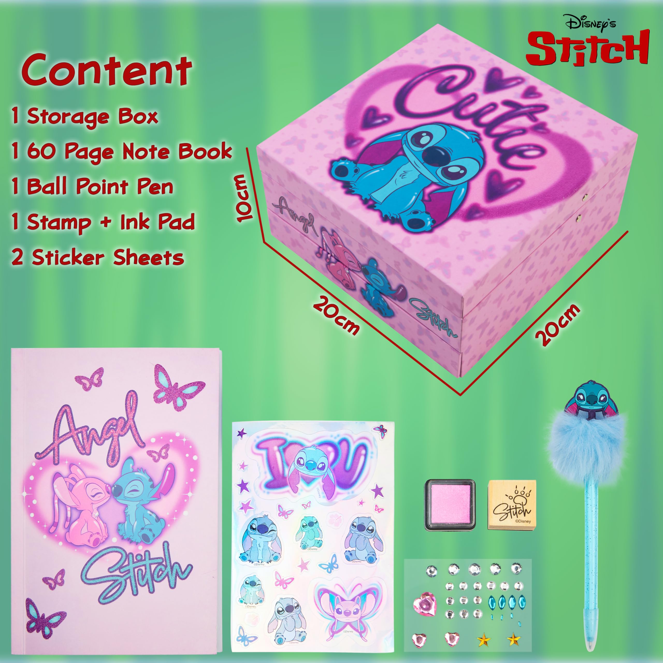 Disney Stitch Quaderno Set Cancelleria Bambina Ragazza Diario DIY Journaling Kit con Timbro Penna Adesivi Gemme Idee Regalo (Rosa Stitch)